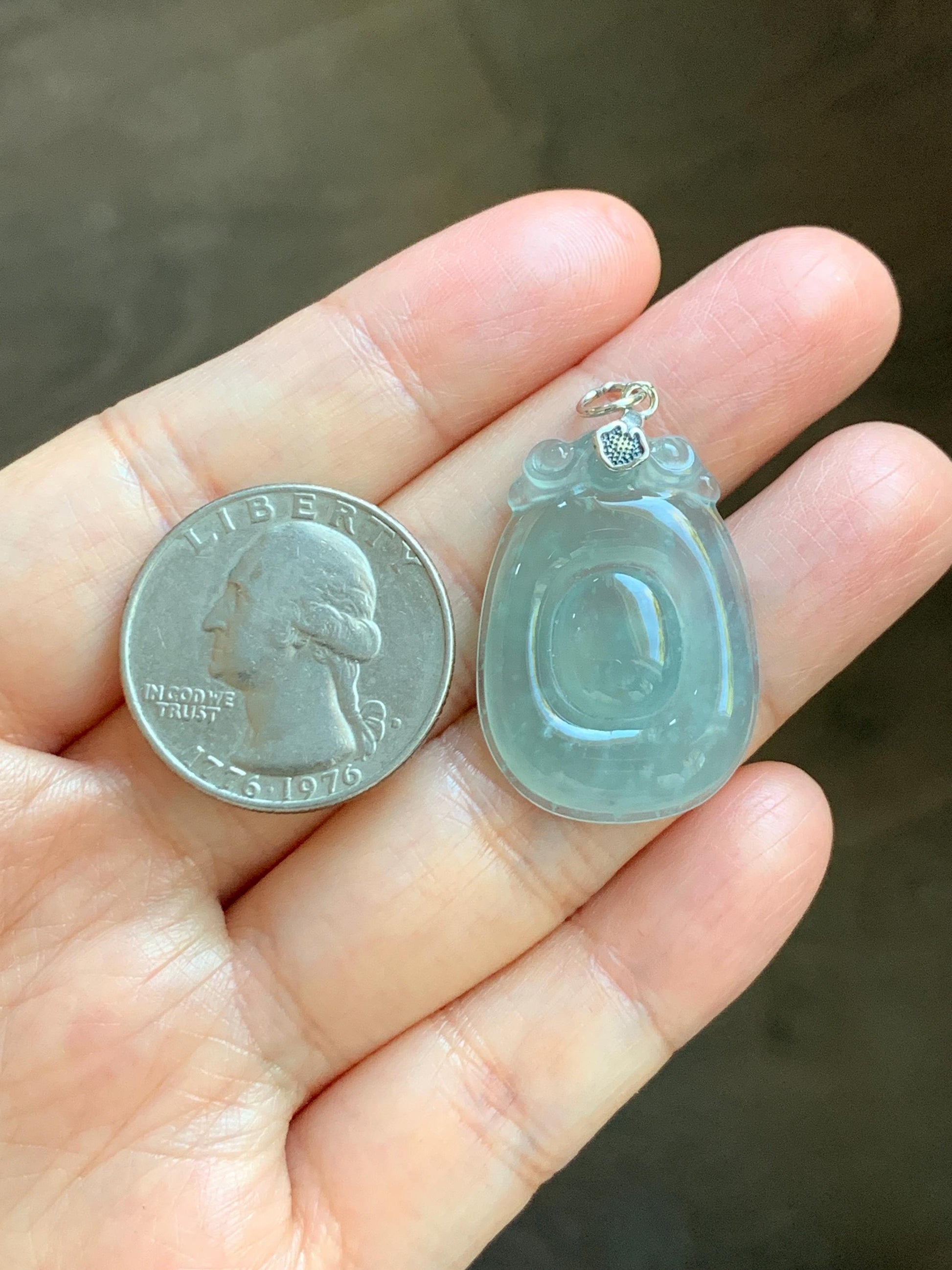 Natural Grade A Guatemalan Icy Highly Translucent Pastel Green Jade Jadeite Lucky Coin Fu Bei Pendant Sterling Silver 天然冰危老种晴底翡翠福贝吊坠 FBW68A
