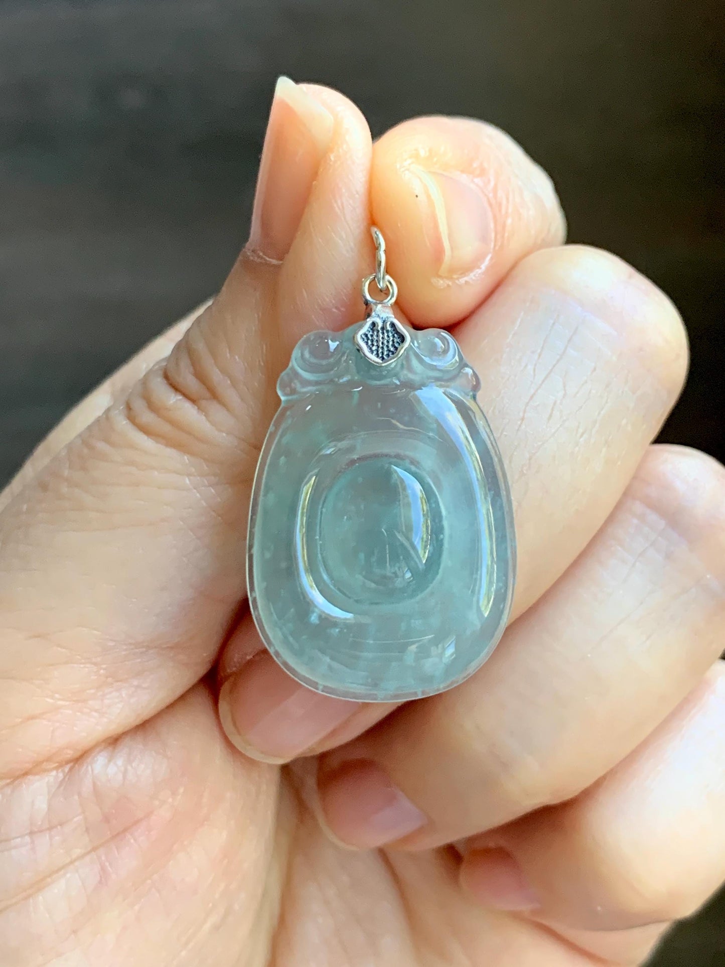 Natural Grade A Guatemalan Icy Highly Translucent Pastel Green Jade Jadeite Lucky Coin Fu Bei Pendant Sterling Silver 天然冰危老种晴底翡翠福贝吊坠 FBW68A