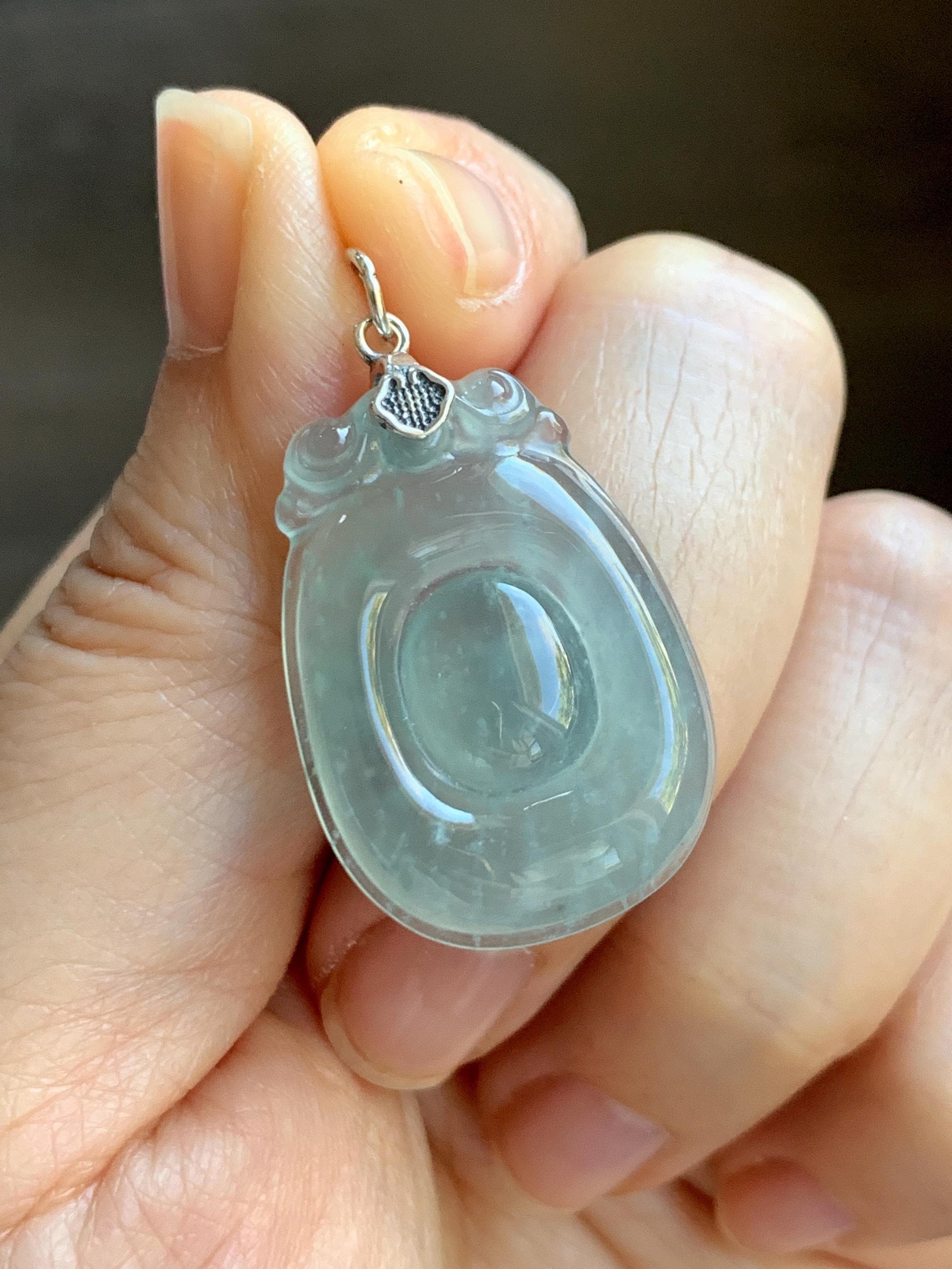 Natural Grade A Guatemalan Icy Highly Translucent Pastel Green Jade Jadeite Lucky Coin Fu Bei Pendant Sterling Silver 天然冰危老种晴底翡翠福贝吊坠 FBW68A