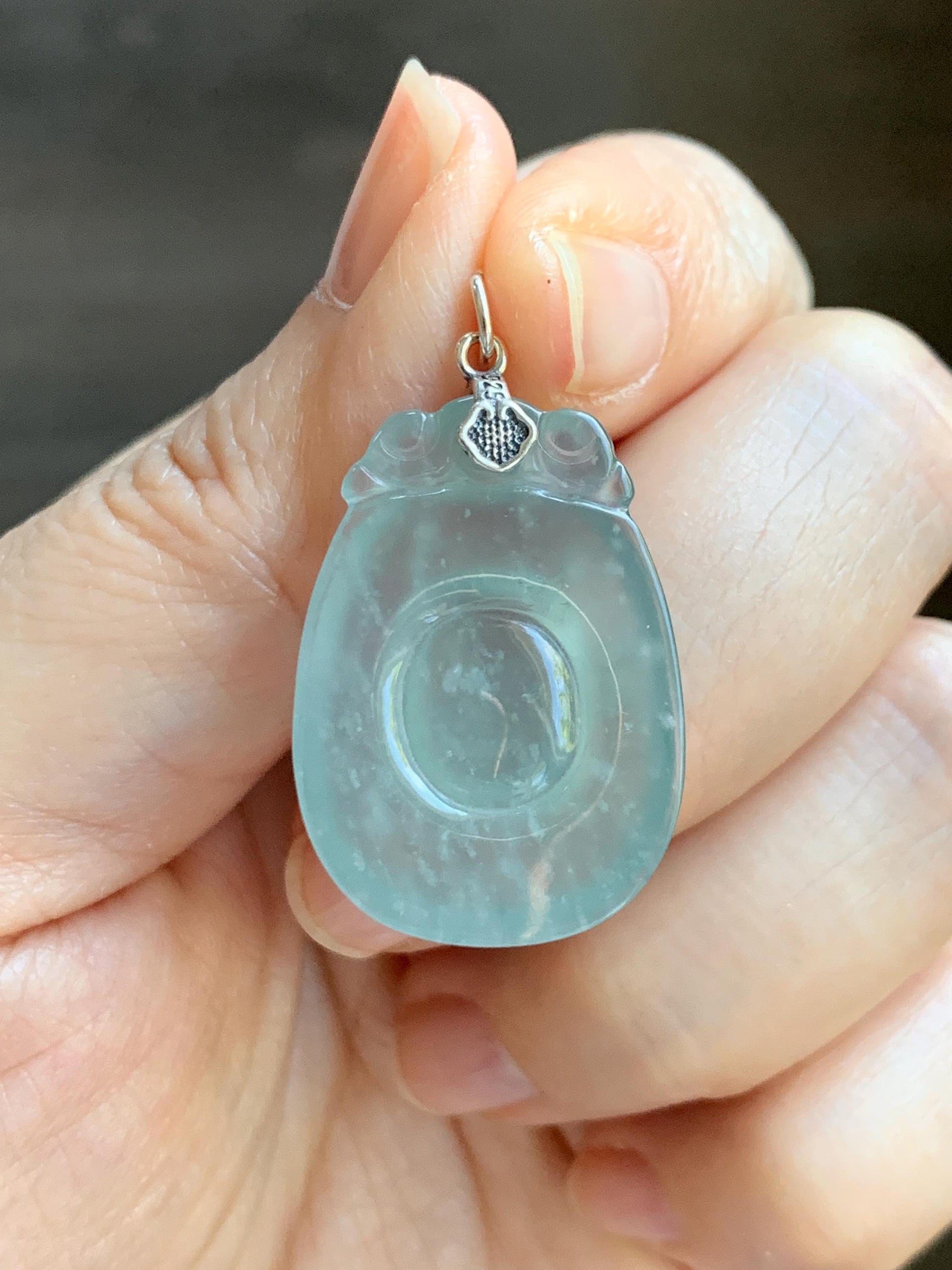 Natural Grade A Guatemalan Icy Highly Translucent Pastel Green Jade Jadeite Lucky Coin Fu Bei Pendant Sterling Silver 天然冰危老种晴底翡翠福贝吊坠 FBW68A