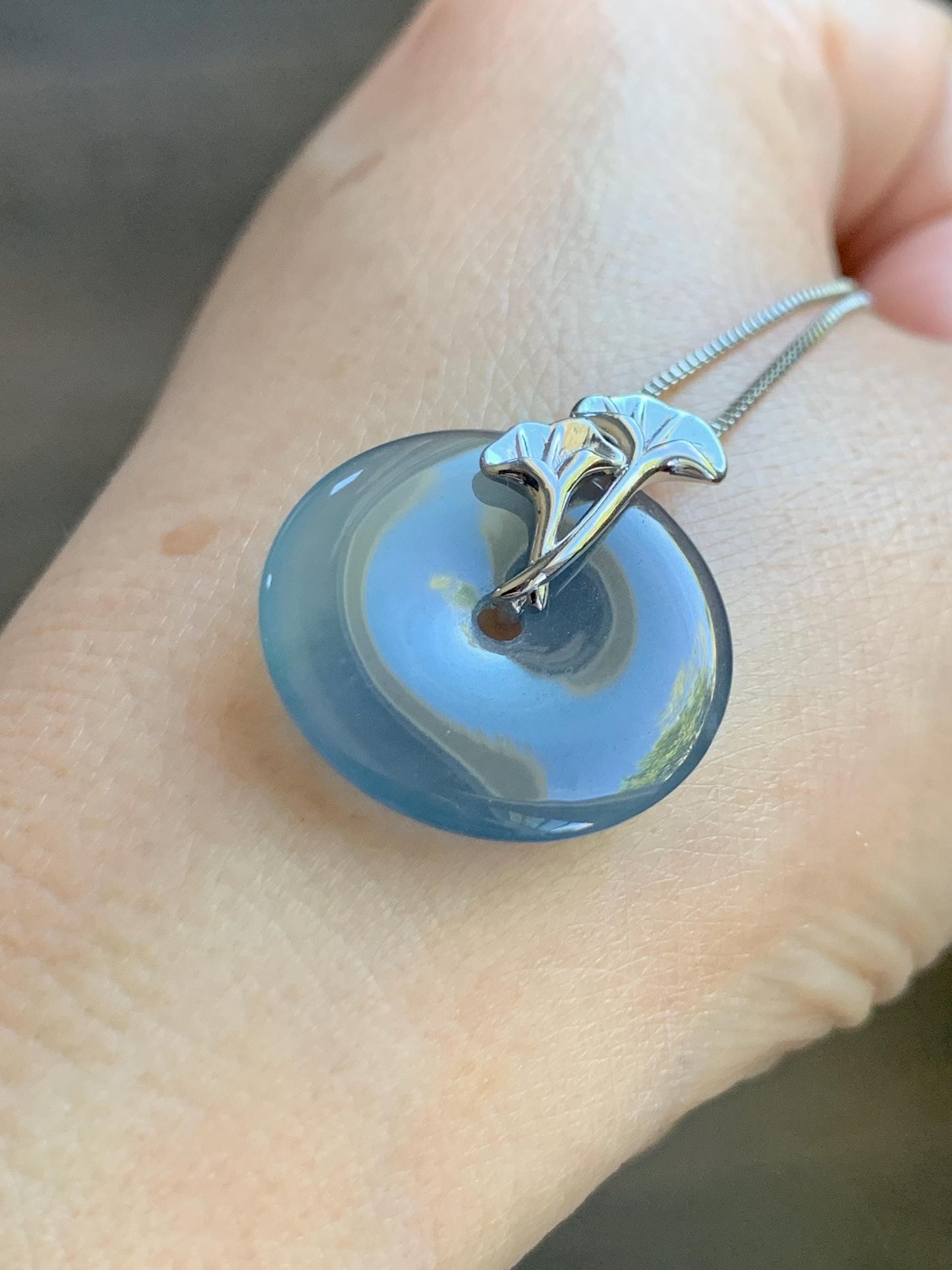 Certified Natural Grade A Guatemalan Icy Translucent Purple Blue Jadeite Ping An Kou Donut Ginkgo Pendant Sterling Silver 天然冰危紫翡翠平安扣吊坠 3765