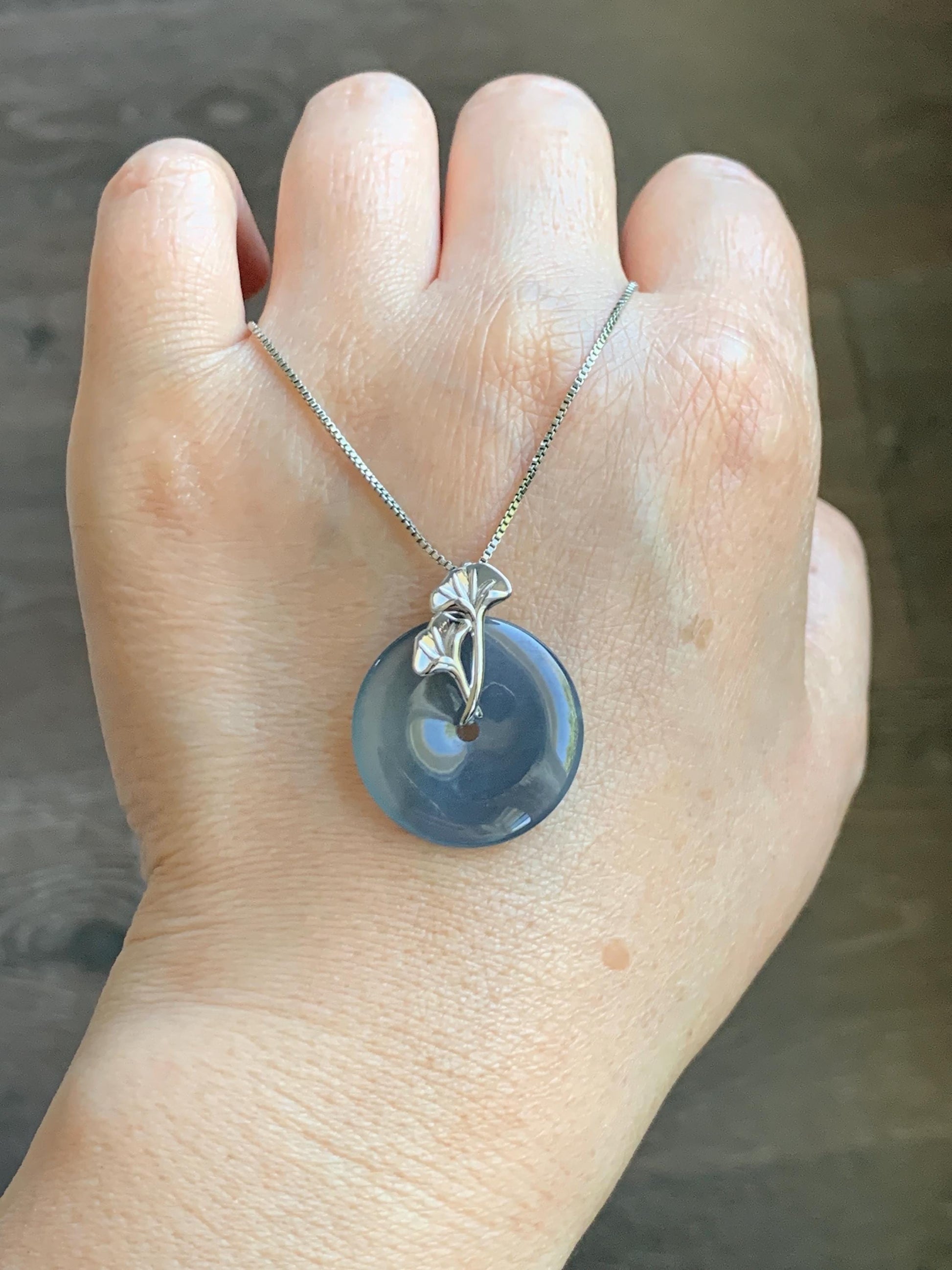 Certified Natural Grade A Guatemalan Icy Translucent Purple Blue Jadeite Ping An Kou Donut Ginkgo Pendant Sterling Silver 天然冰危紫翡翠平安扣吊坠 3765