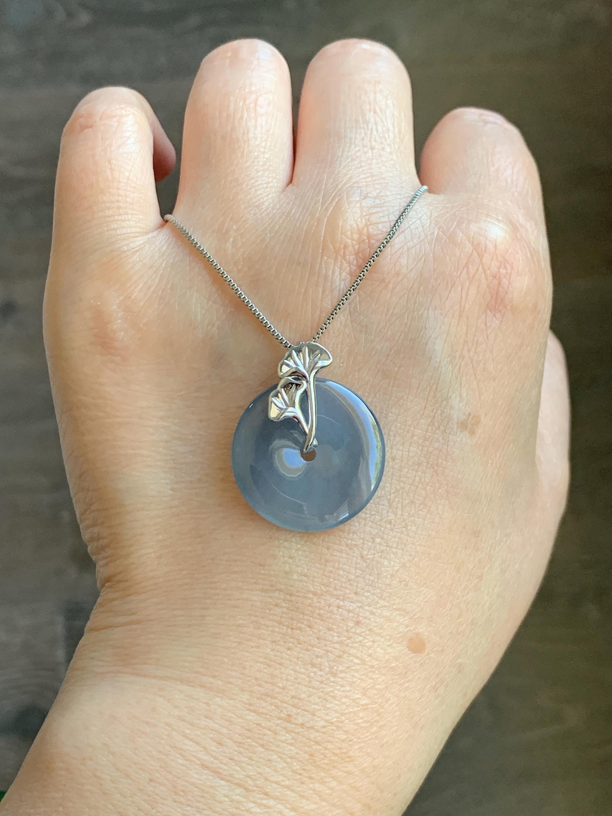 Certified Natural Grade A Guatemalan Icy Translucent Purple Blue Jadeite Ping An Kou Donut Ginkgo Pendant Sterling Silver 天然冰危紫翡翠平安扣吊坠 488