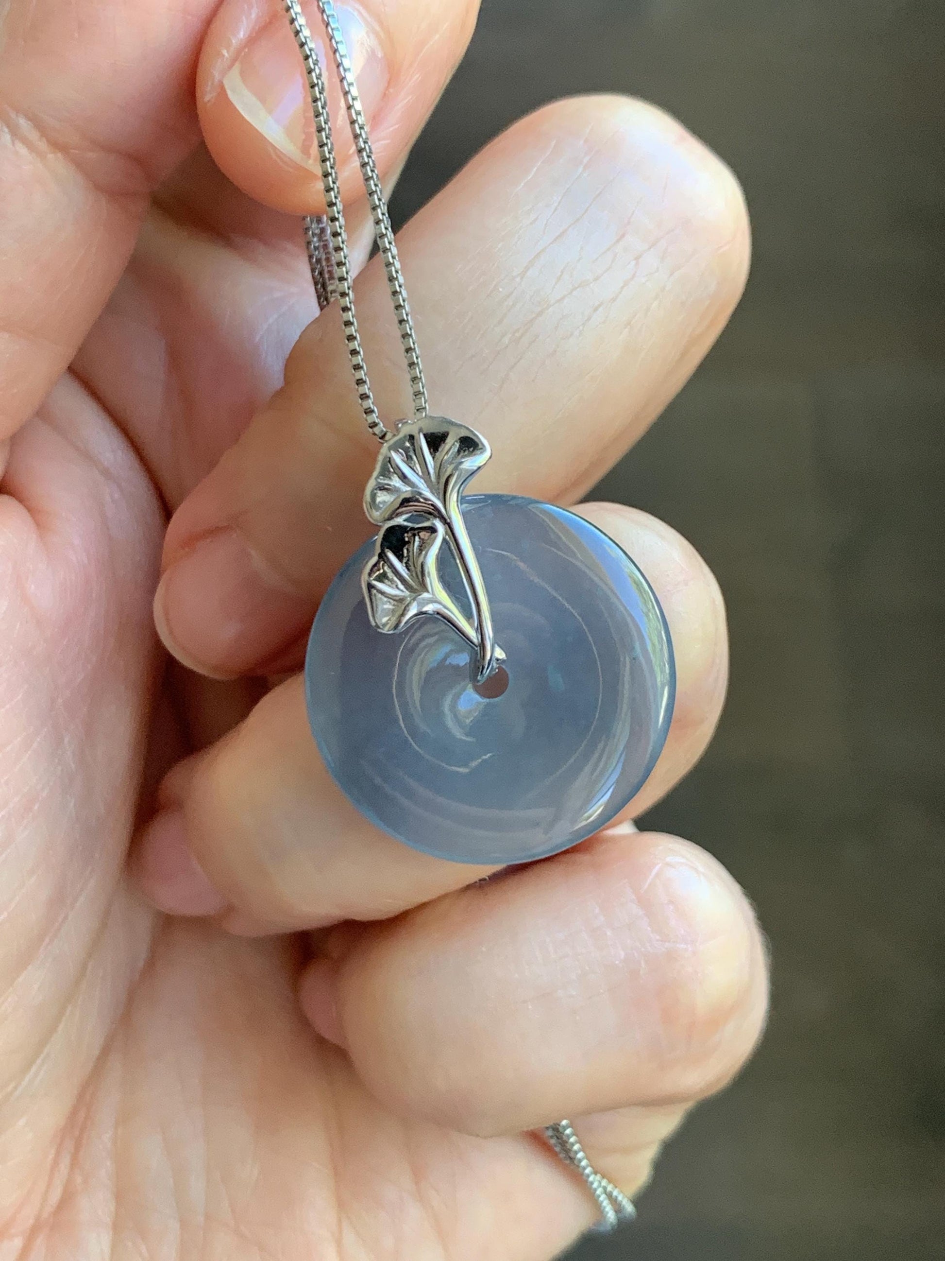 Certified Natural Grade A Guatemalan Icy Translucent Purple Blue Jadeite Ping An Kou Donut Ginkgo Pendant Sterling Silver 天然冰危紫翡翠平安扣吊坠 488