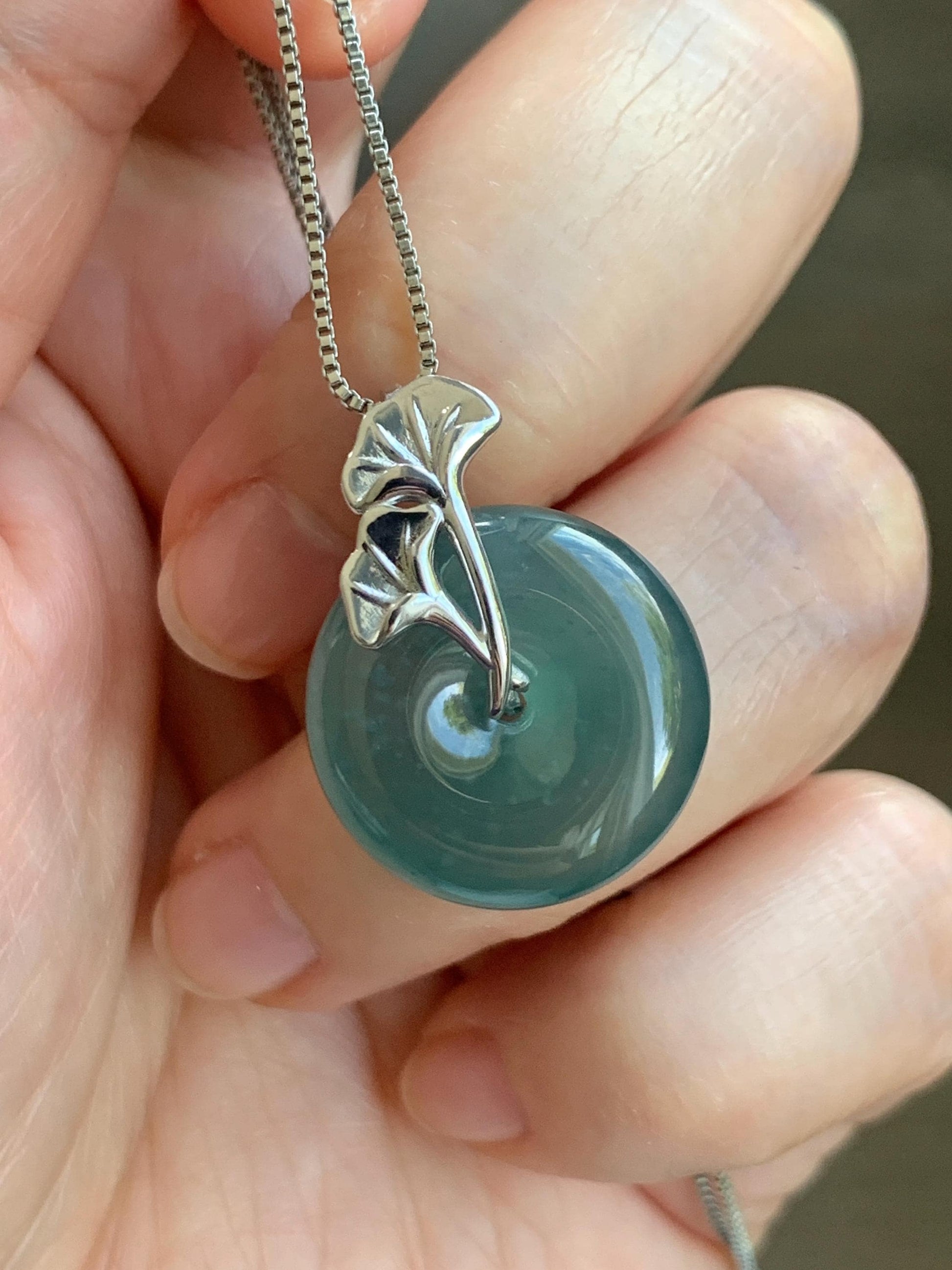 Certified Natural Grade A Guatemalan Icy Translucent Dark Teal Jadeite Ping An Kou Donut Ginkgo Pendant Sterling Silver 天然冰危蓝绿翡翠平安扣吊坠 3766