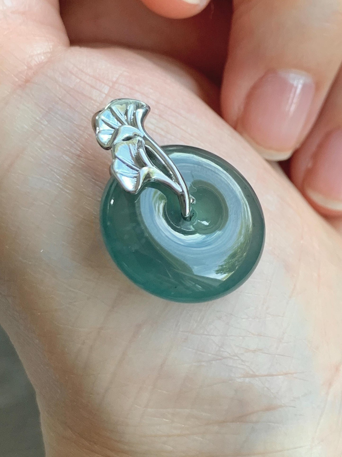 Certified Natural Grade A Guatemalan Icy Translucent Dark Teal Jadeite Ping An Kou Donut Ginkgo Pendant Sterling Silver 天然冰危蓝绿翡翠平安扣吊坠 3766