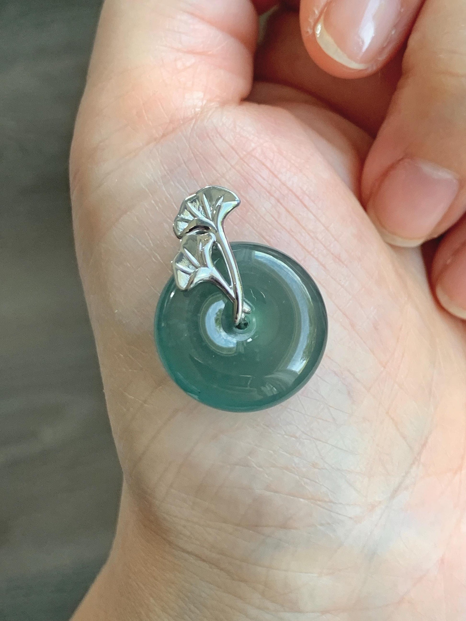 Certified Natural Grade A Guatemalan Icy Translucent Dark Teal Jadeite Ping An Kou Donut Ginkgo Pendant Sterling Silver 天然冰危蓝绿翡翠平安扣吊坠 3766