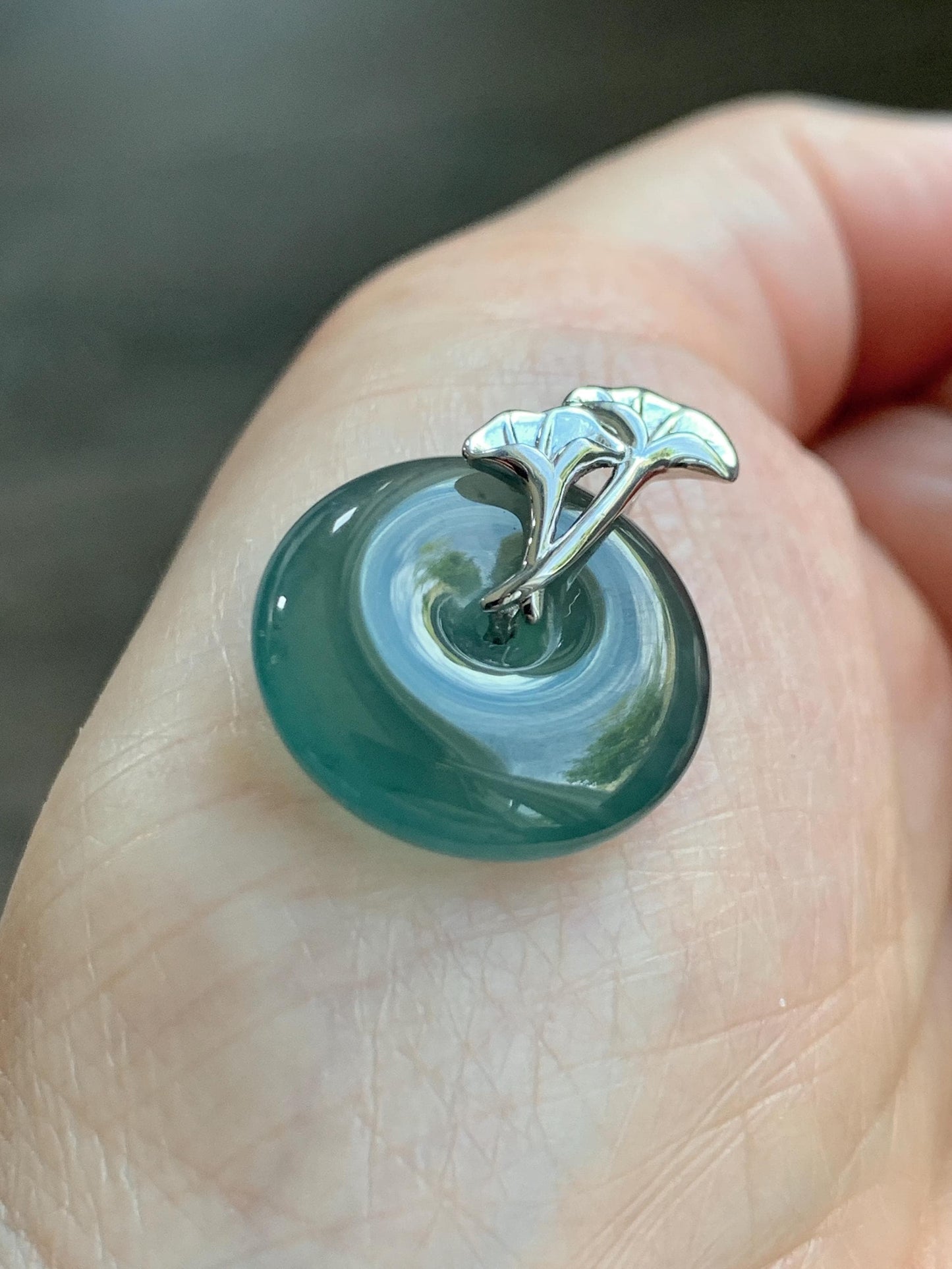 Certified Natural Grade A Guatemalan Icy Translucent Dark Teal Jadeite Ping An Kou Donut Ginkgo Pendant Sterling Silver 天然冰危蓝绿翡翠平安扣吊坠 3766