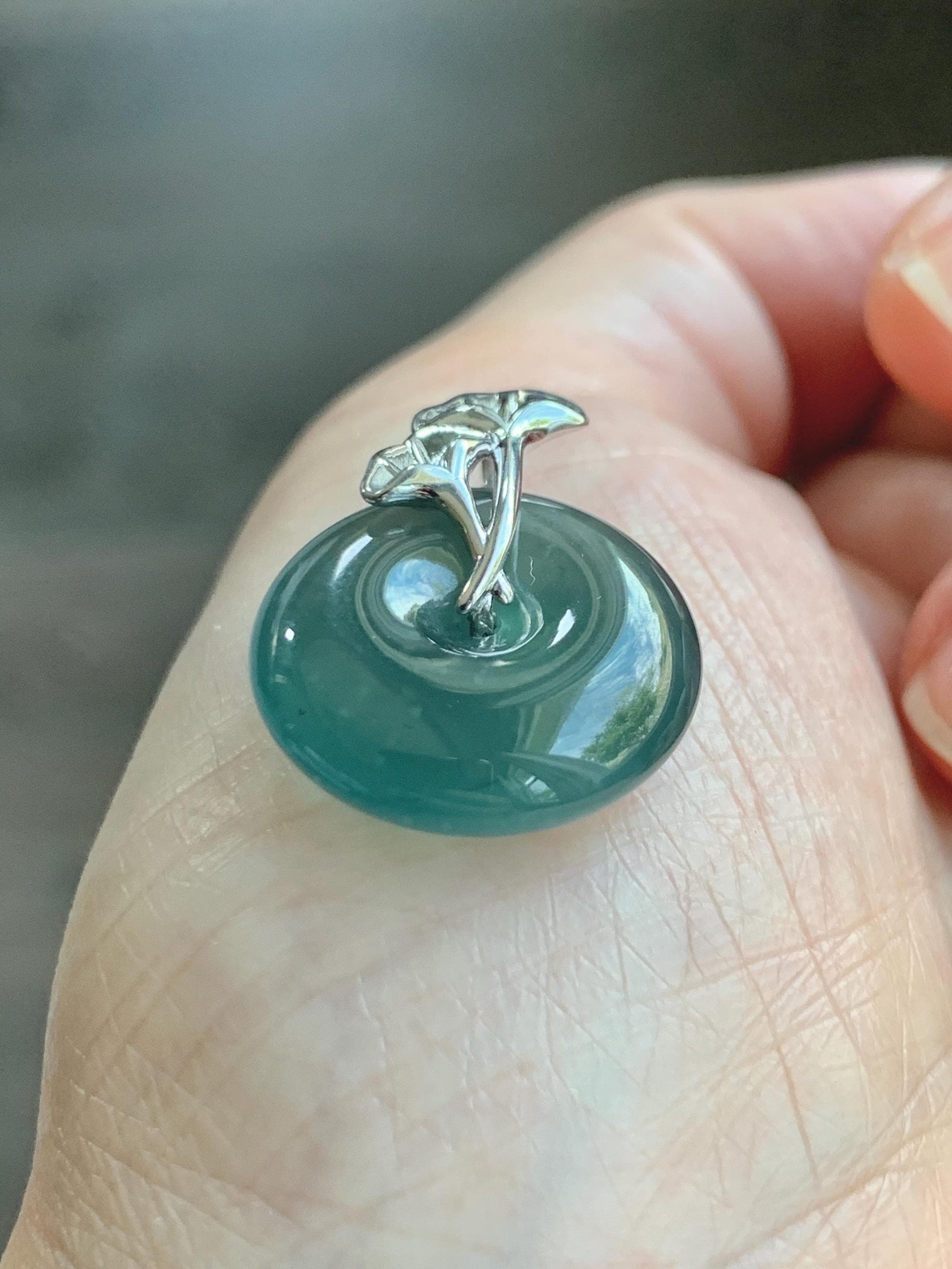 Certified Natural Grade A Guatemalan Icy Translucent Dark Teal Jadeite Ping An Kou Donut Ginkgo Pendant Sterling Silver 天然冰危蓝绿翡翠平安扣吊坠 3766