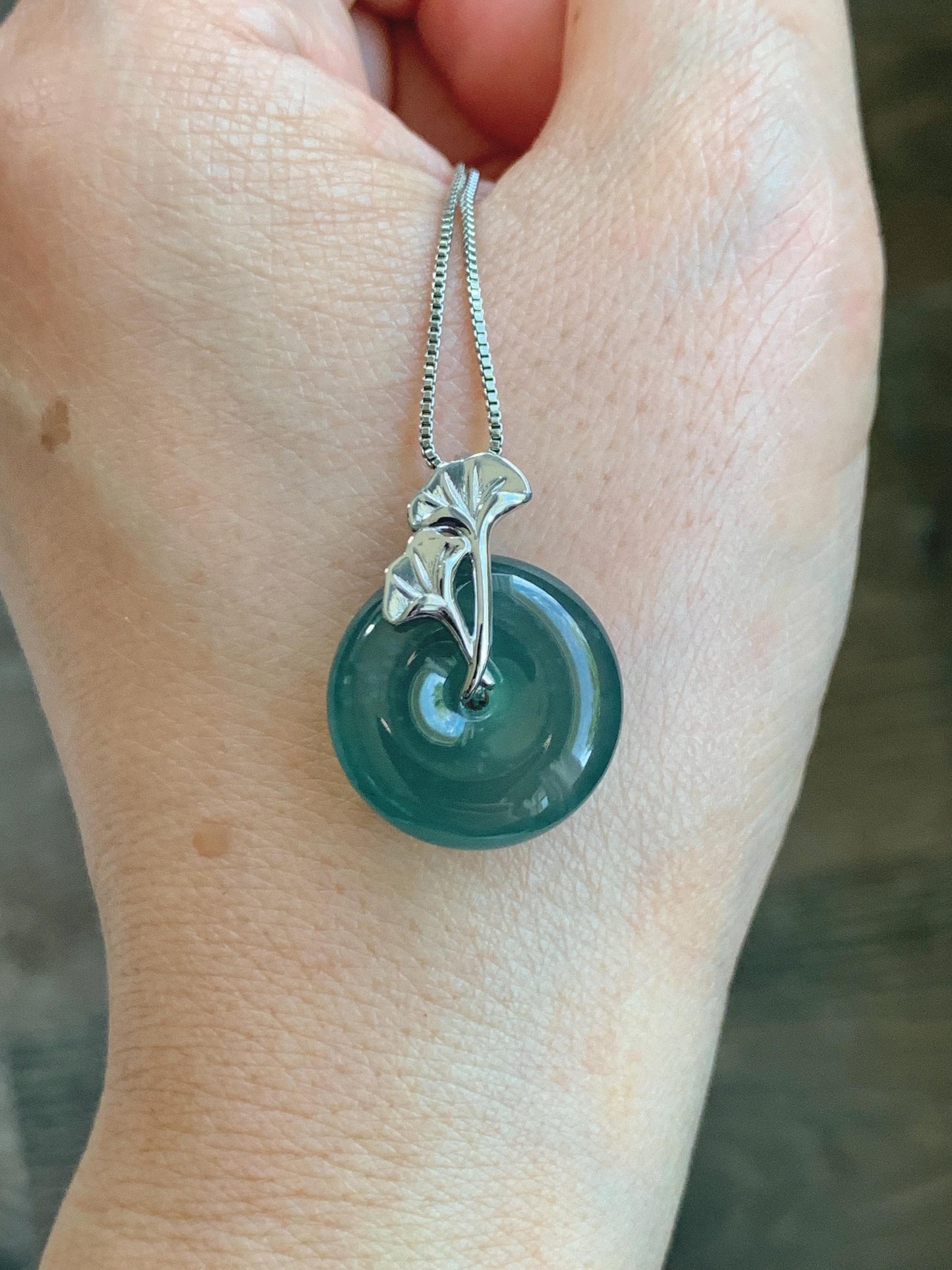 Certified Natural Grade A Guatemalan Icy Translucent Dark Teal Jadeite Ping An Kou Donut Ginkgo Pendant Sterling Silver 天然冰危蓝绿翡翠平安扣吊坠 3766