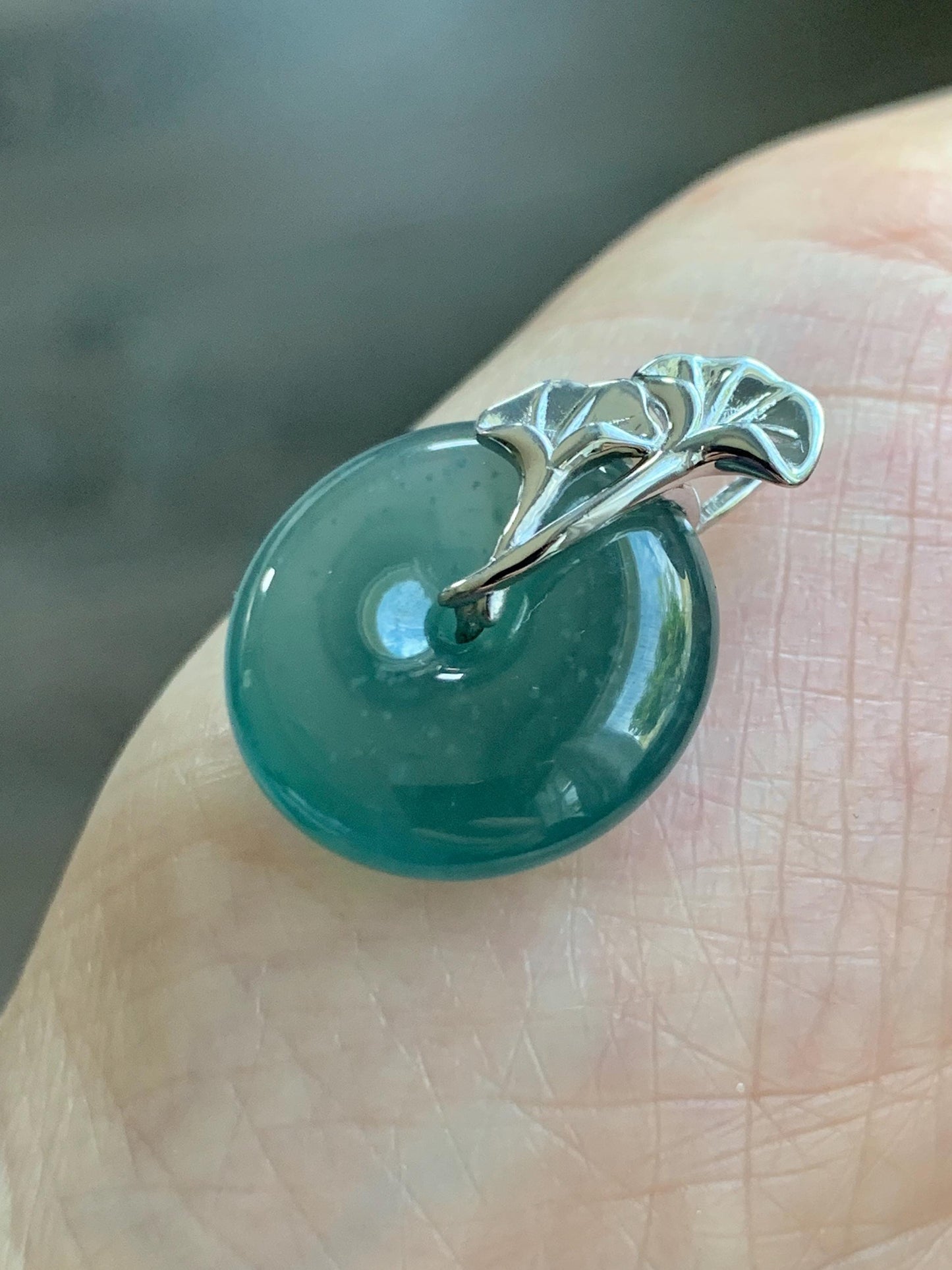 Certified Natural Grade A Guatemalan Icy Translucent Dark Teal Jadeite Ping An Kou Donut Ginkgo Pendant Sterling Silver 天然冰危蓝绿翡翠平安扣吊坠 3766