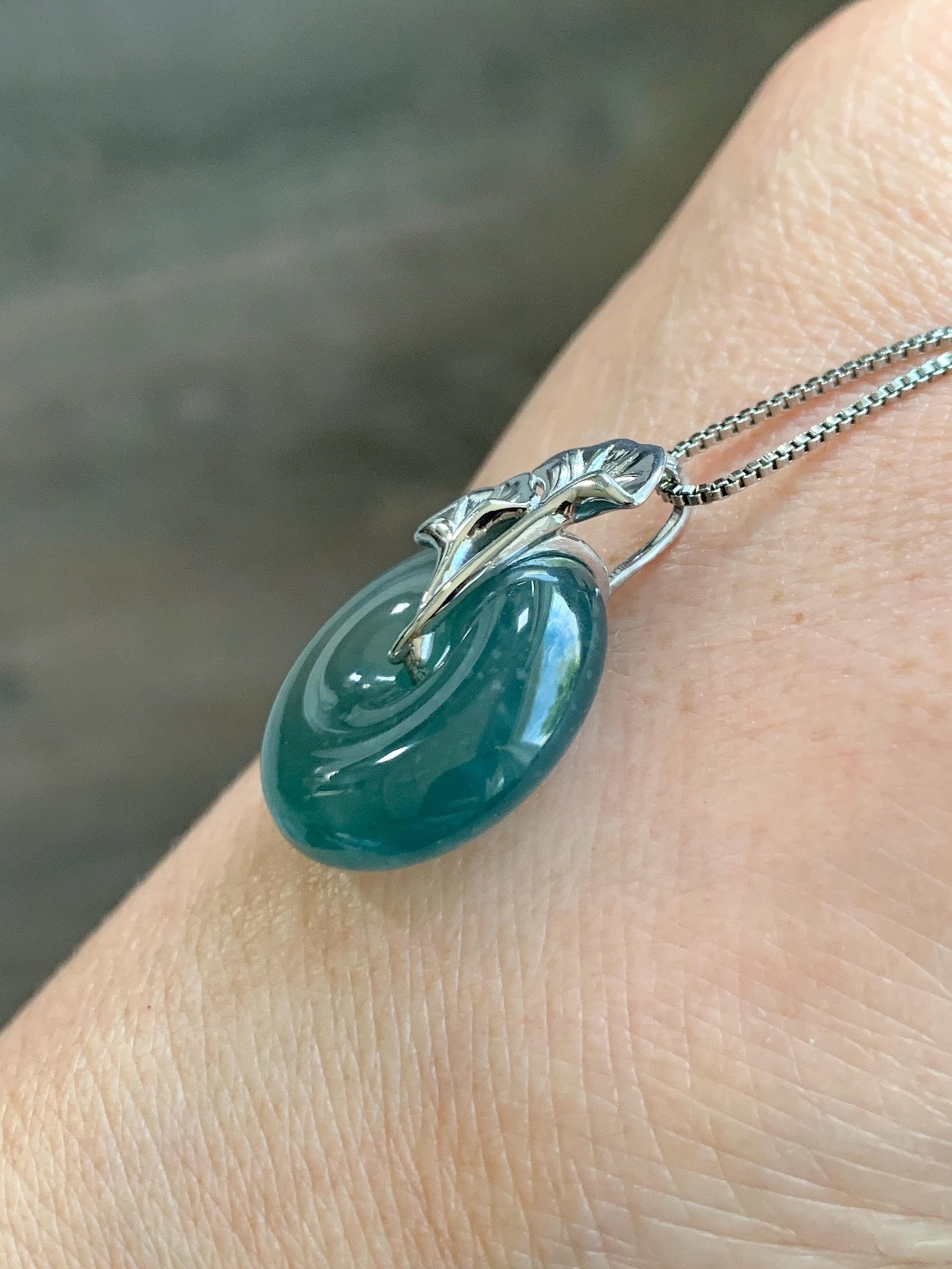Certified Natural Grade A Guatemalan Icy Translucent Dark Teal Jadeite Ping An Kou Donut Ginkgo Pendant Sterling Silver 天然冰危蓝绿翡翠平安扣吊坠 3766