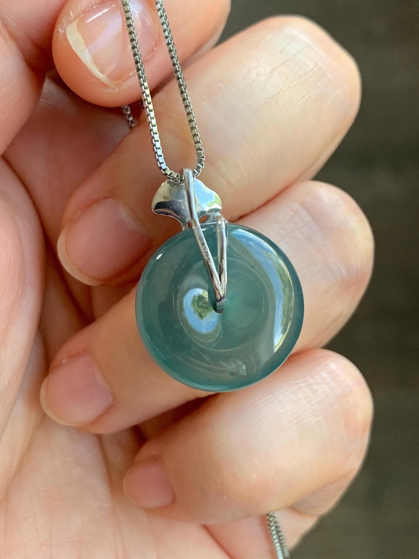 Certified Natural Grade A Guatemalan Icy Translucent Dark Teal Jadeite Ping An Kou Donut Ginkgo Pendant Sterling Silver 天然冰危蓝绿翡翠平安扣吊坠 3766