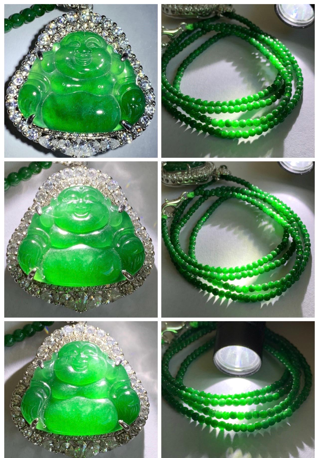 Certified Natural Guatemalan Icy Translucent Vibrant Green Jade Jadeite Buddha Pendant Sterling Silver Beaded Necklace 天然冰危绿翡翠佛公吊坠绿翡翠珠项链 092