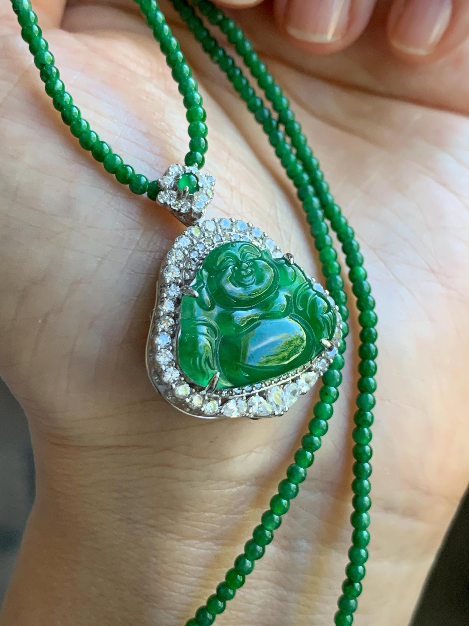 Certified Natural Guatemalan Icy Translucent Vibrant Green Jade Jadeite Buddha Pendant Sterling Silver Beaded Necklace 天然冰危绿翡翠佛公吊坠绿翡翠珠项链 092
