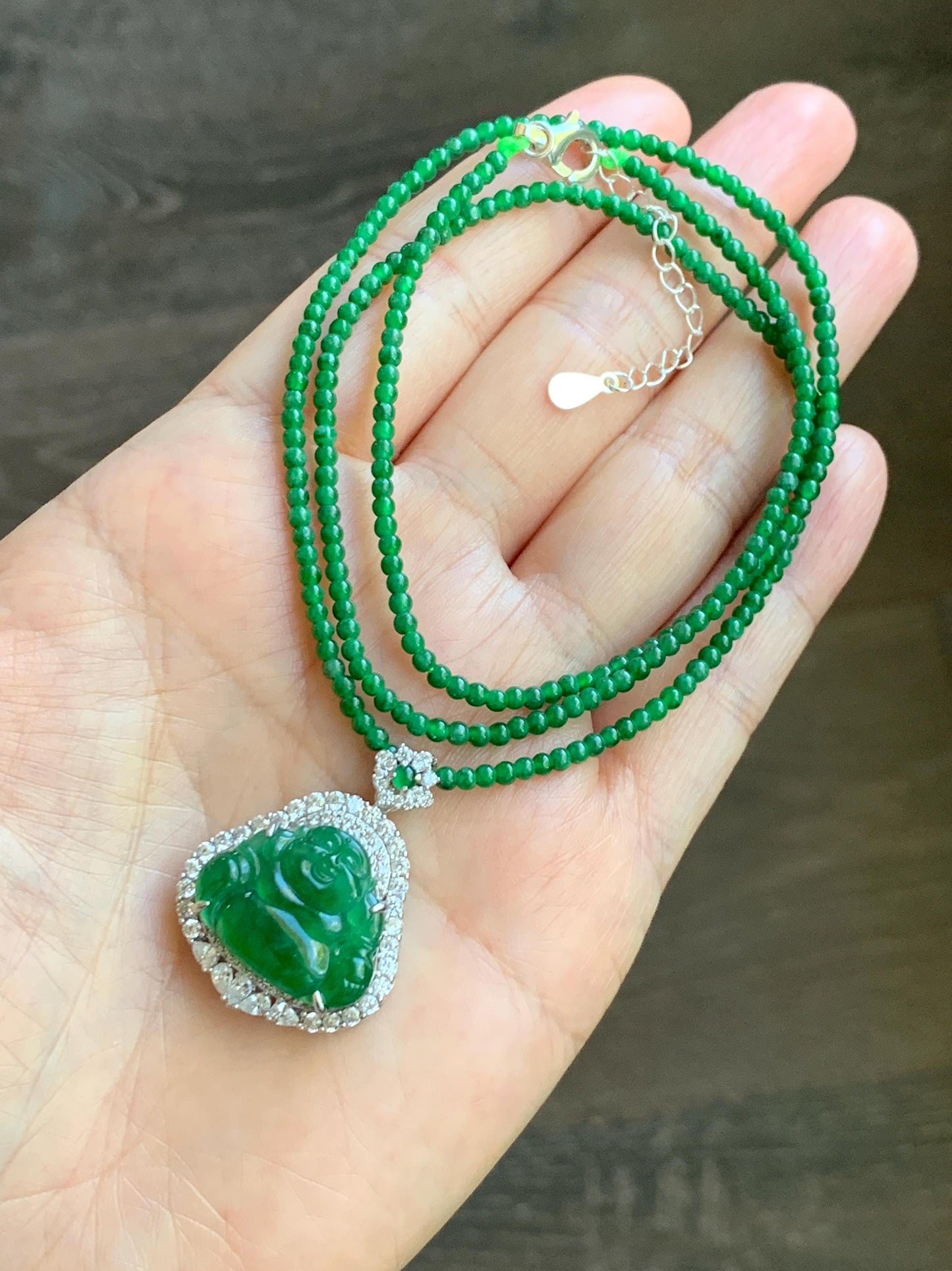 Certified Natural Guatemalan Icy Translucent Vibrant Green Jade Jadeite Buddha Pendant Sterling Silver Beaded Necklace 天然冰危绿翡翠佛公吊坠绿翡翠珠项链 092