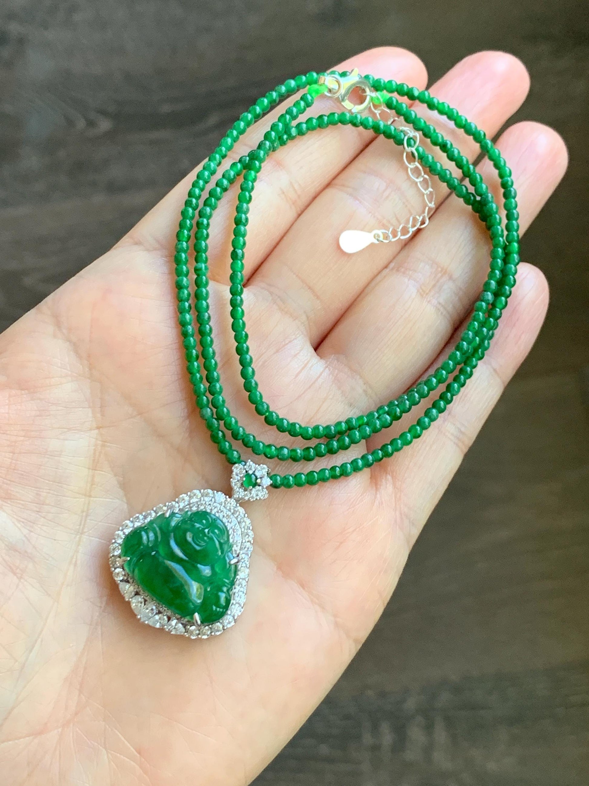 Certified Natural Guatemalan Icy Translucent Vibrant Green Jade Jadeite Buddha Pendant Sterling Silver Beaded Necklace 天然冰危绿翡翠佛公吊坠绿翡翠珠项链 092