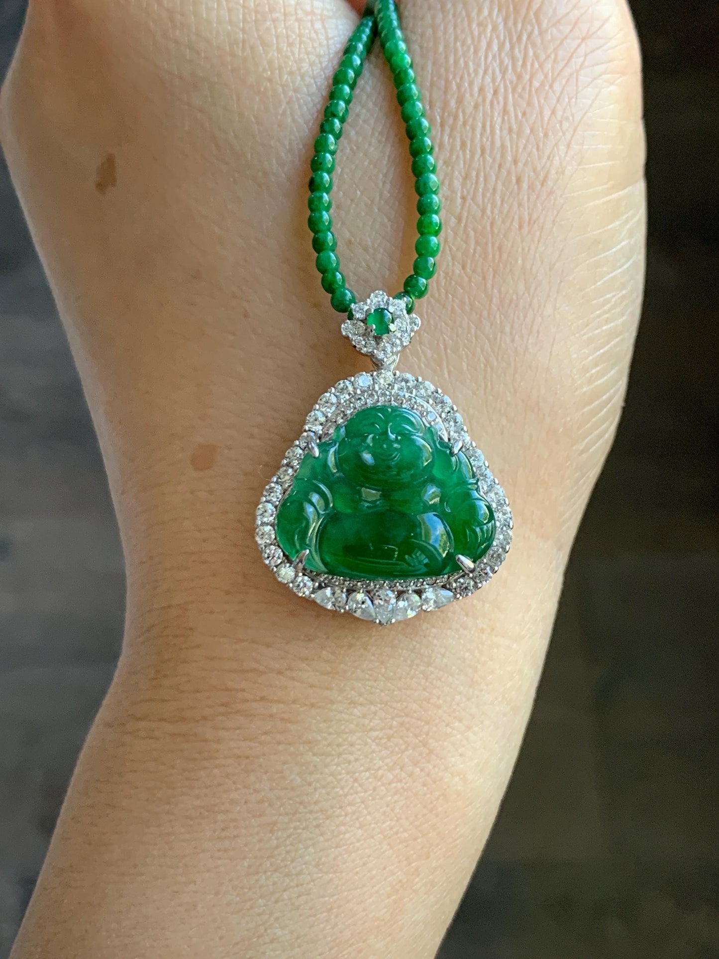 Certified Natural Guatemalan Icy Translucent Vibrant Green Jade Jadeite Buddha Pendant Sterling Silver Beaded Necklace 天然冰危绿翡翠佛公吊坠绿翡翠珠项链 092