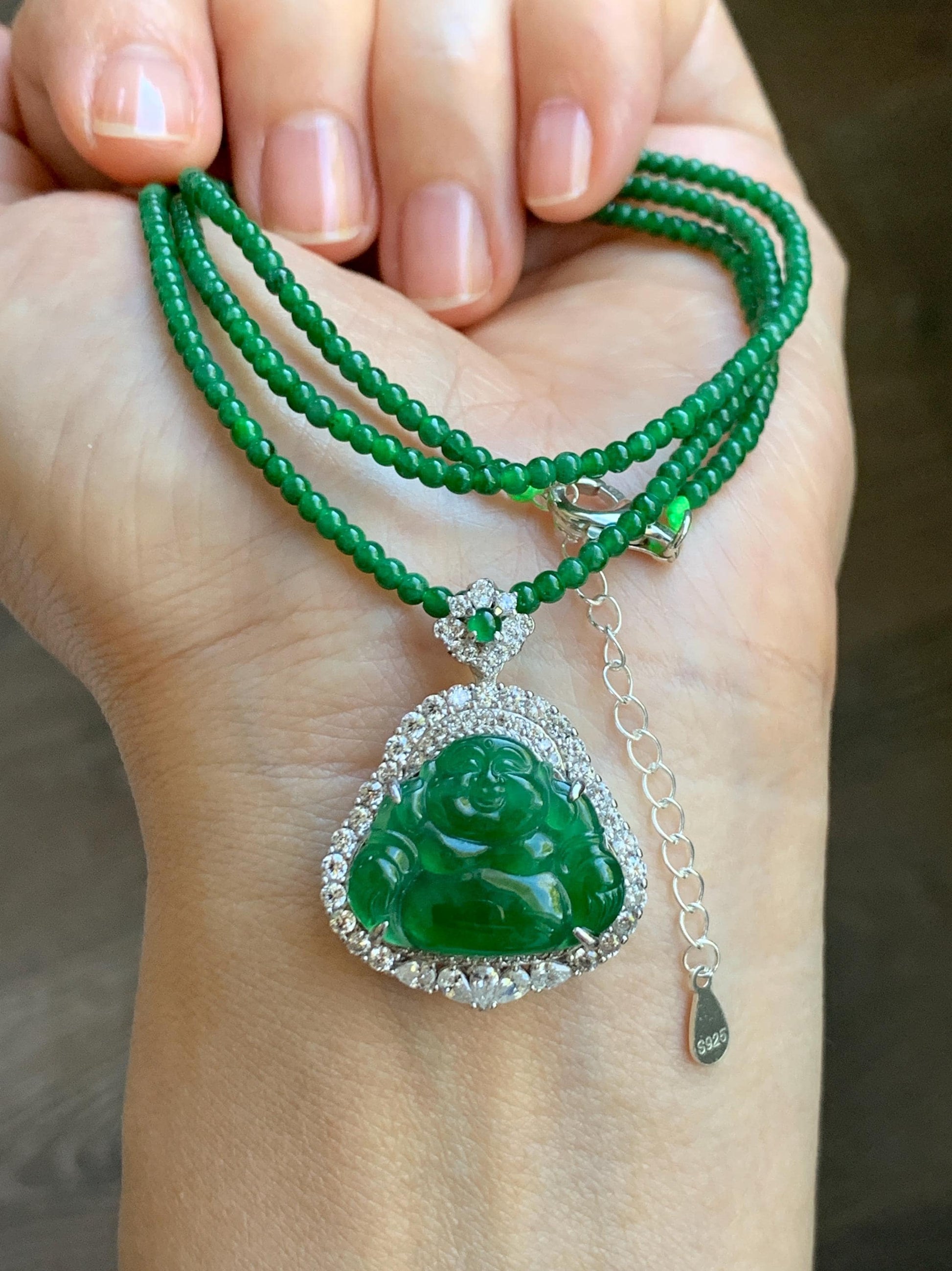 Certified Natural Guatemalan Icy Translucent Vibrant Green Jade Jadeite Buddha Pendant Sterling Silver Beaded Necklace 天然冰危绿翡翠佛公吊坠绿翡翠珠项链 092