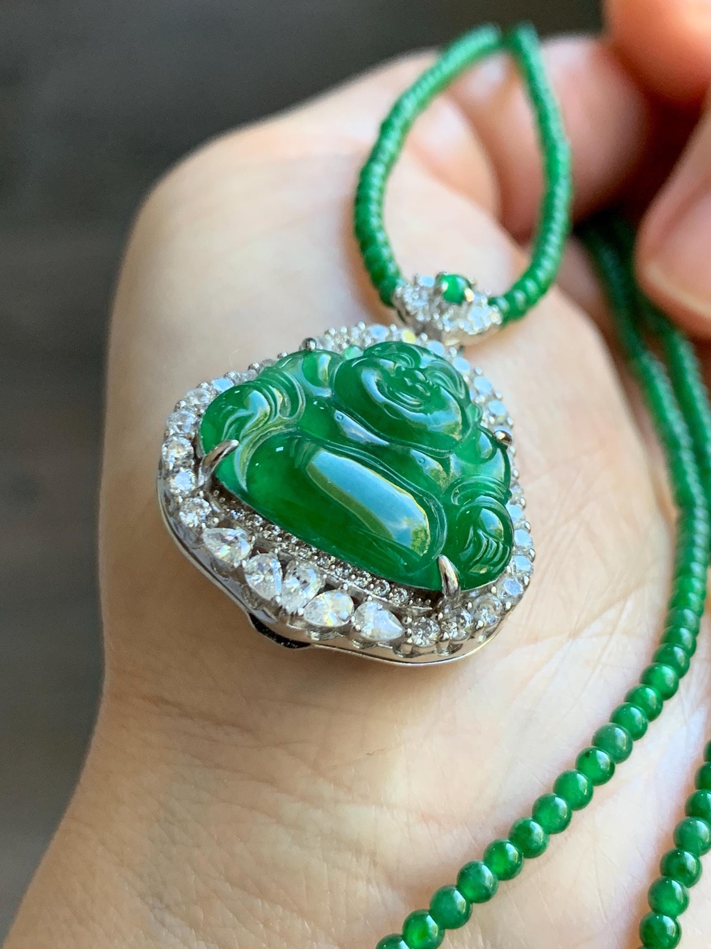 Certified Natural Guatemalan Icy Translucent Vibrant Green Jade Jadeite Buddha Pendant Sterling Silver Beaded Necklace 天然冰危绿翡翠佛公吊坠绿翡翠珠项链 092