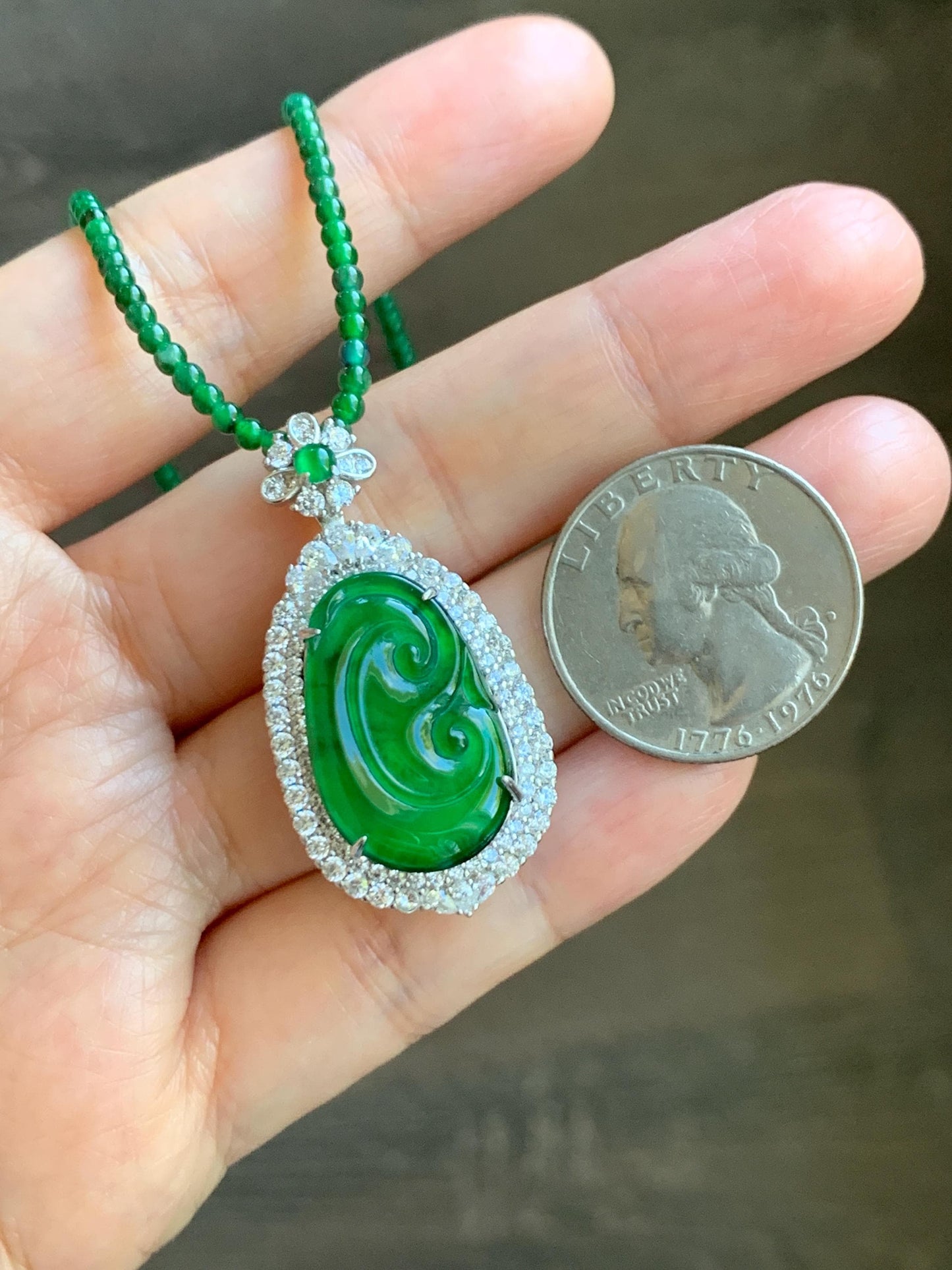 Certified Natural Guatemalan Icy Translucent Vibrant Green Jade Jadeite Ruyi Pendant Sterling Silver Beaded Necklace 天然冰危绿翡翠如意吊坠绿翡翠珠项链 094