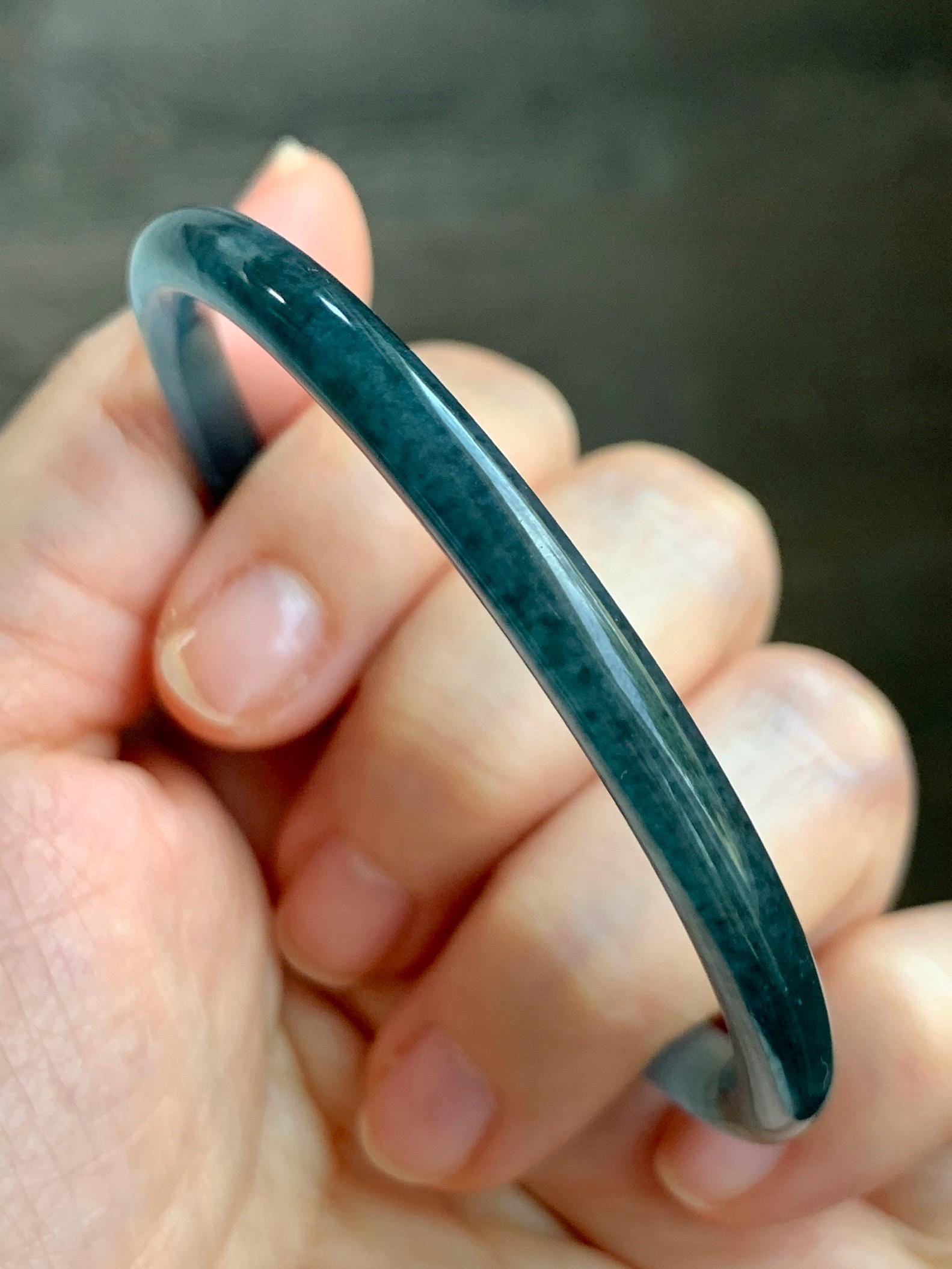 Certified Natural Grade A Guatemalan Icy Translucent Dark Teal Blue Marbled Jade Jadeite Bangle Bracelet 56.65mm 7” 15g 天然冰胶危蓝飘花翡翠细圆条手镯 068