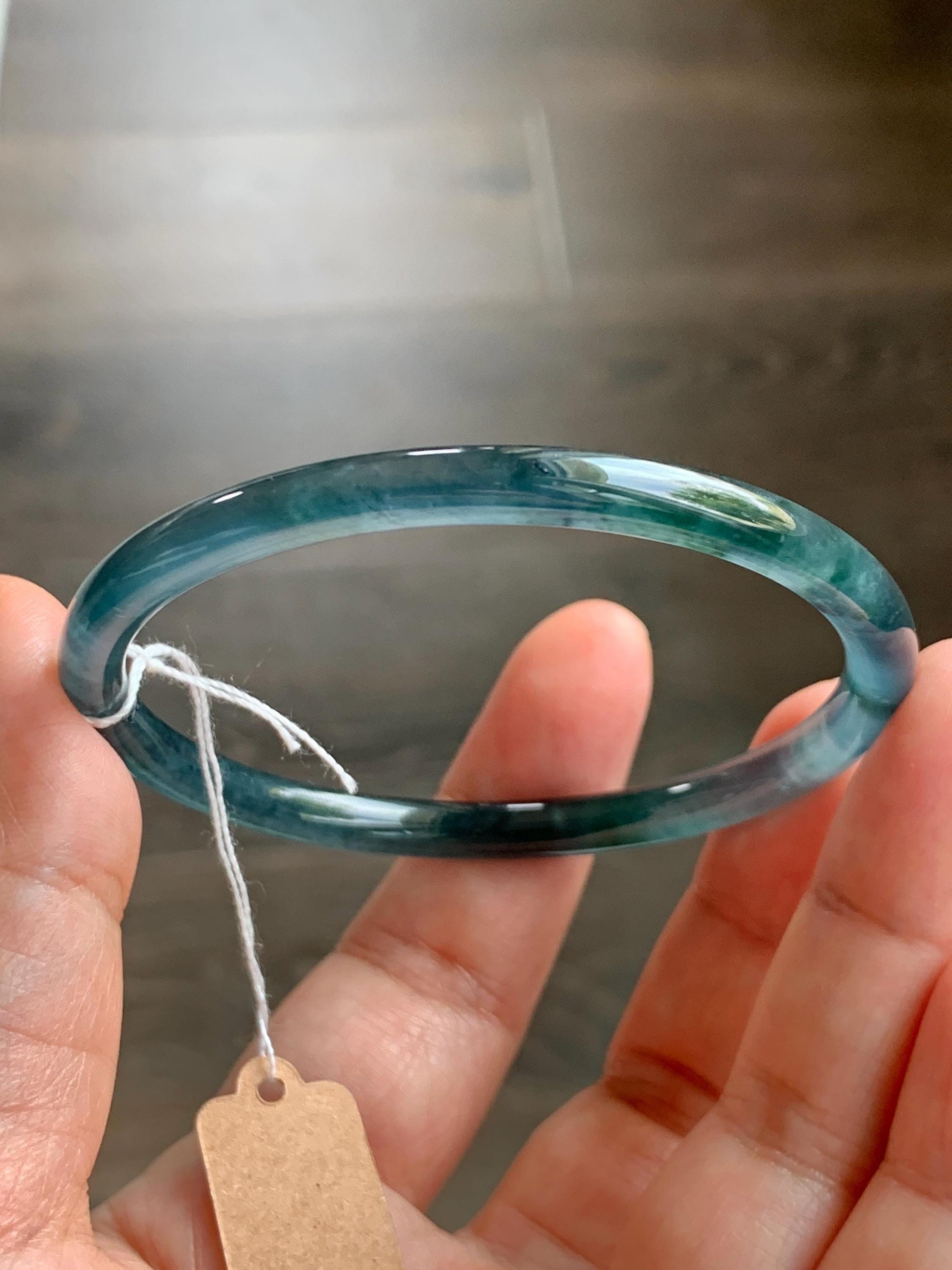 Certified Natural Grade A Guatemalan Icy Translucent Dark Teal Blue Marbled Jade Jadeite Bangle Bracelet 56.65mm 7” 15g 天然冰胶危蓝飘花翡翠细圆条手镯 068