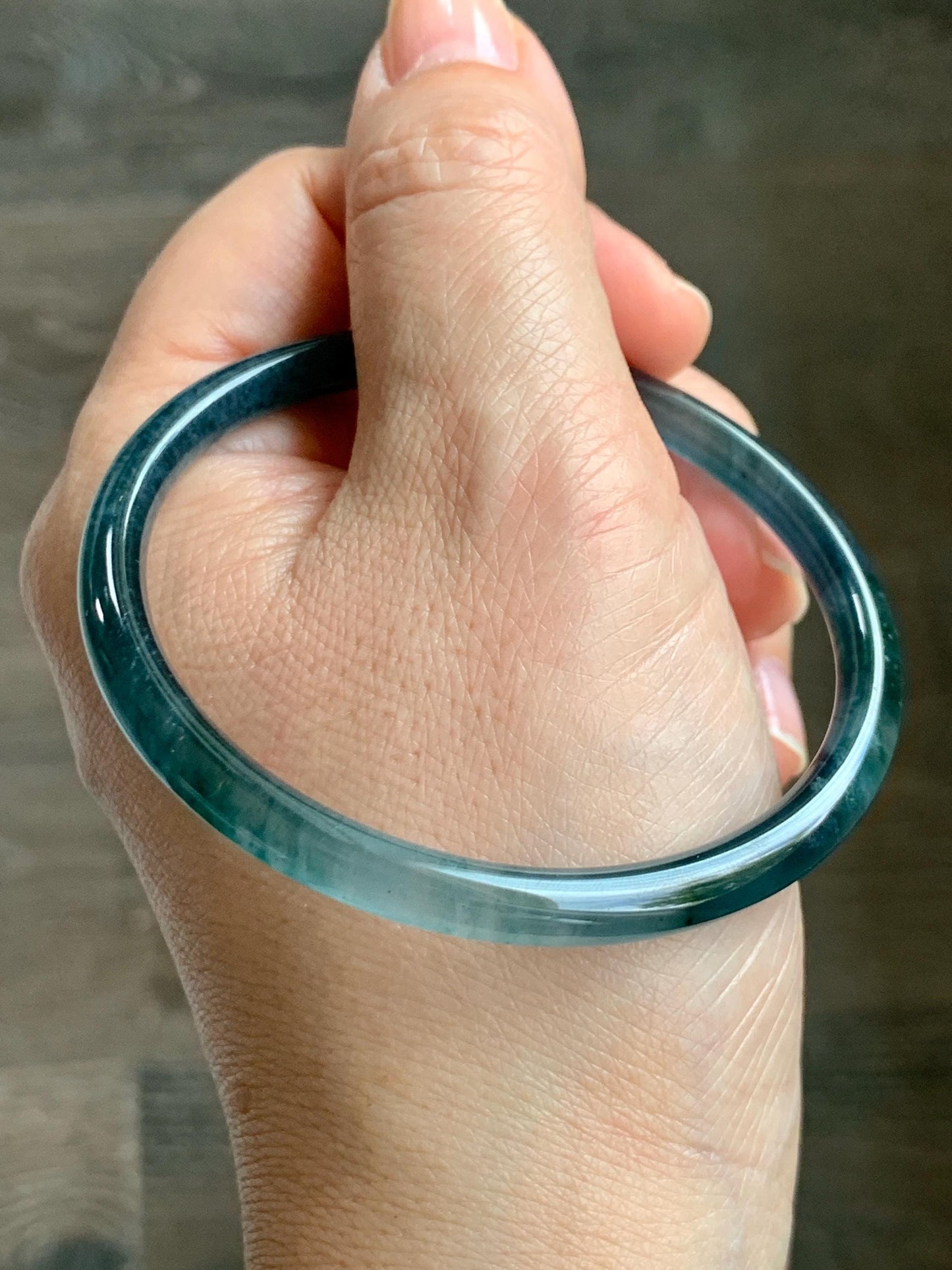 Certified Natural Grade A Guatemalan Icy Translucent Dark Teal Blue Marbled Jade Jadeite Bangle Bracelet 56.65mm 7” 15g 天然冰胶危蓝飘花翡翠细圆条手镯 068