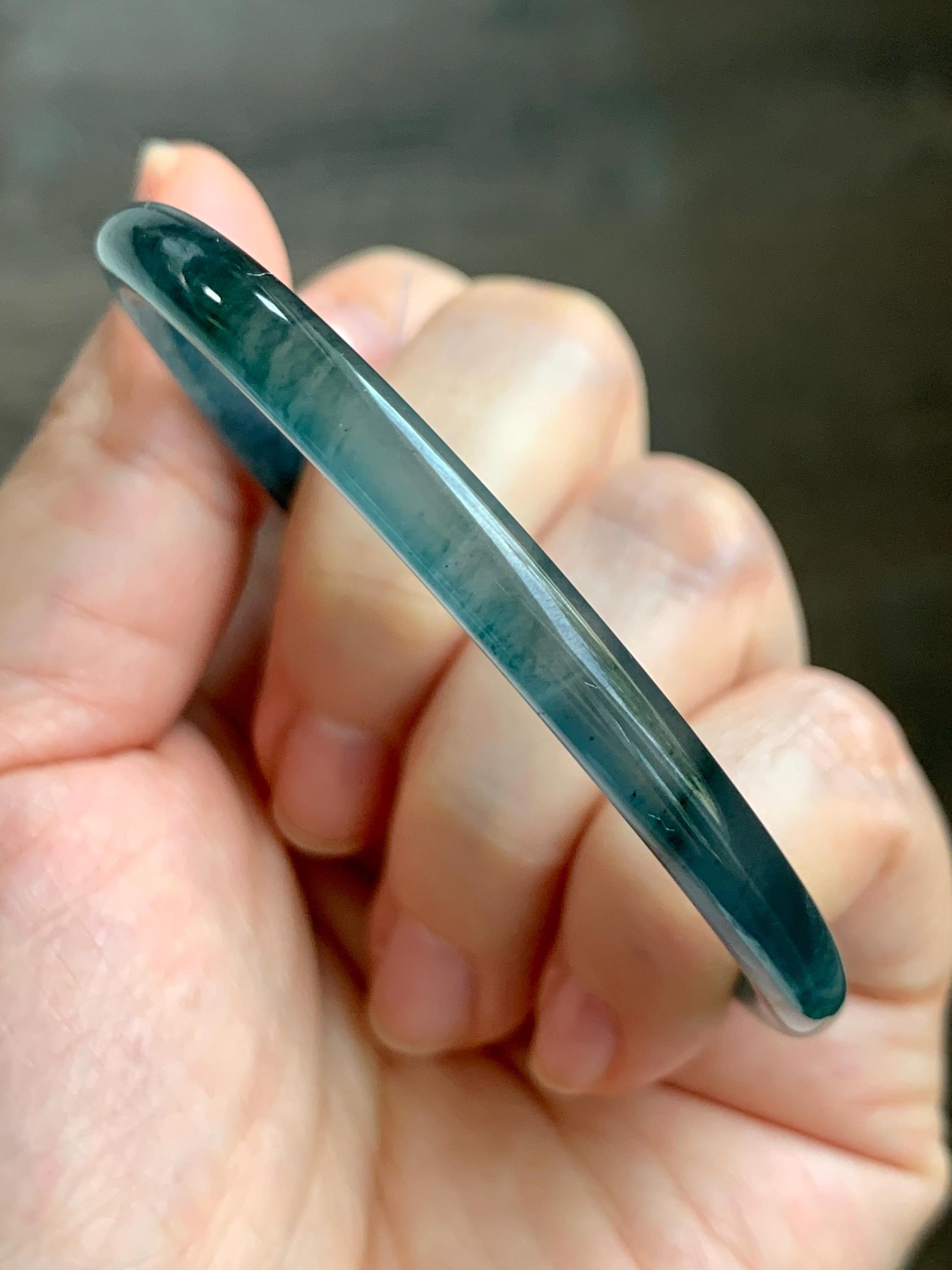 Certified Natural Grade A Guatemalan Icy Translucent Dark Teal Blue Marbled Jade Jadeite Bangle Bracelet 56.65mm 7” 15g 天然冰胶危蓝飘花翡翠细圆条手镯 068