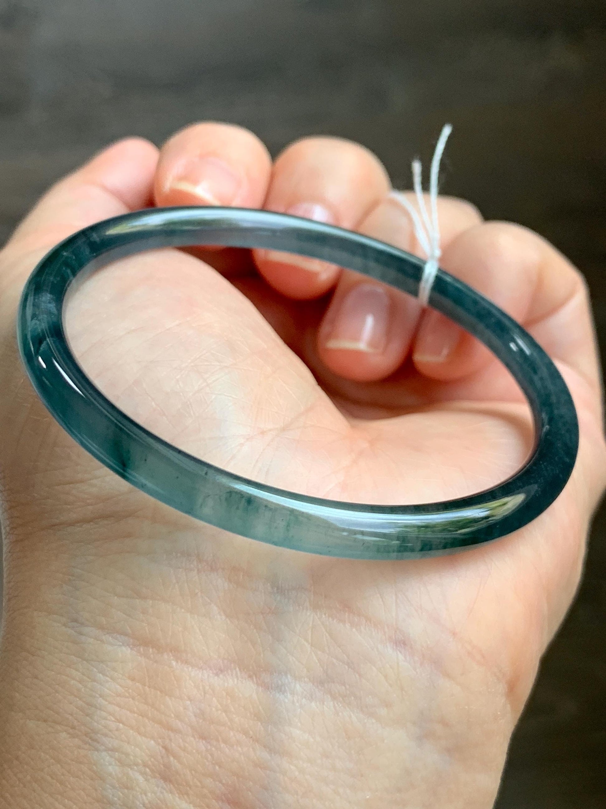 Certified Natural Grade A Guatemalan Icy Translucent Dark Teal Blue Marbled Jade Jadeite Bangle Bracelet 56.65mm 7” 15g 天然冰胶危蓝飘花翡翠细圆条手镯 068