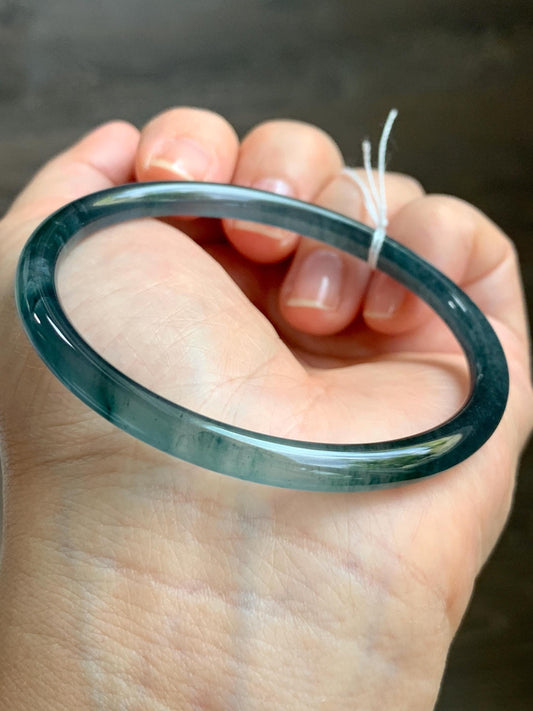 Certified Natural Grade A Guatemalan Icy Translucent Dark Teal Blue Marbled Jade Jadeite Bangle Bracelet 56.65mm 7” 15g 天然冰胶危蓝飘花翡翠细圆条手镯 068
