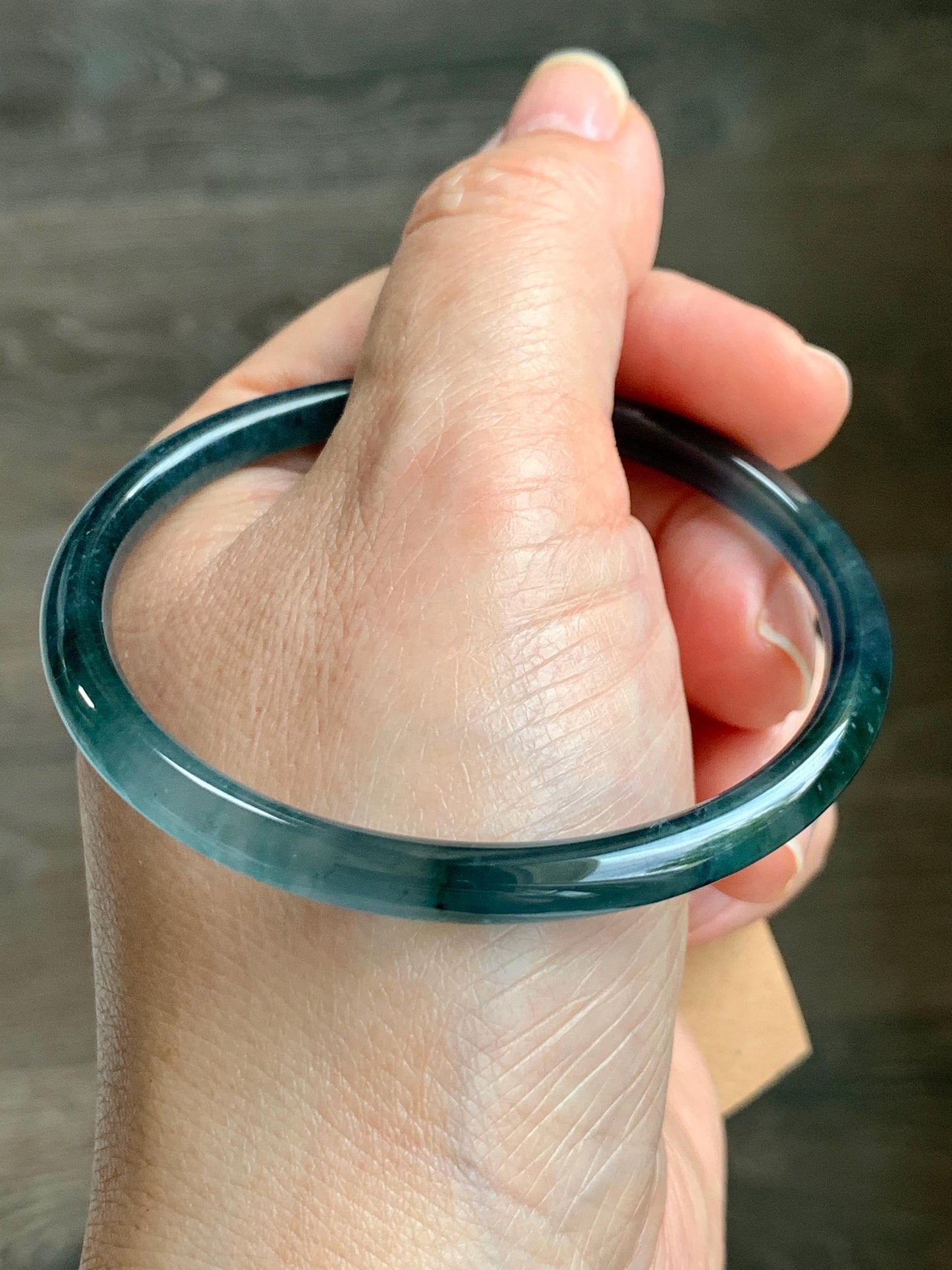 Certified Natural Grade A Guatemalan Icy Translucent Dark Teal Blue Marbled Jade Jadeite Bangle Bracelet 56.65mm 7” 15g 天然冰胶危蓝飘花翡翠细圆条手镯 068