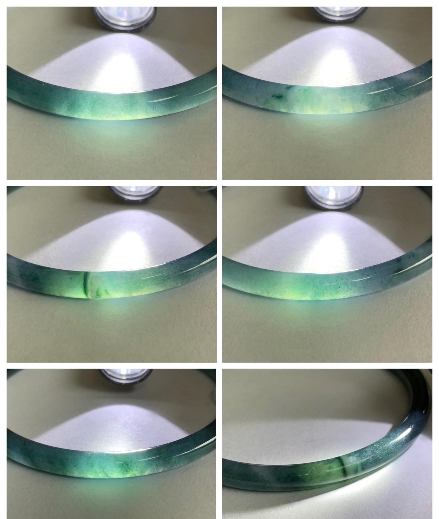 Certified Natural Grade A Guatemalan Icy Translucent Dark Teal Blue Marbled Jade Jadeite Bangle Bracelet 60mm 7.42” 15g 天然冰胶危蓝飘花翡翠细圆条手镯 072