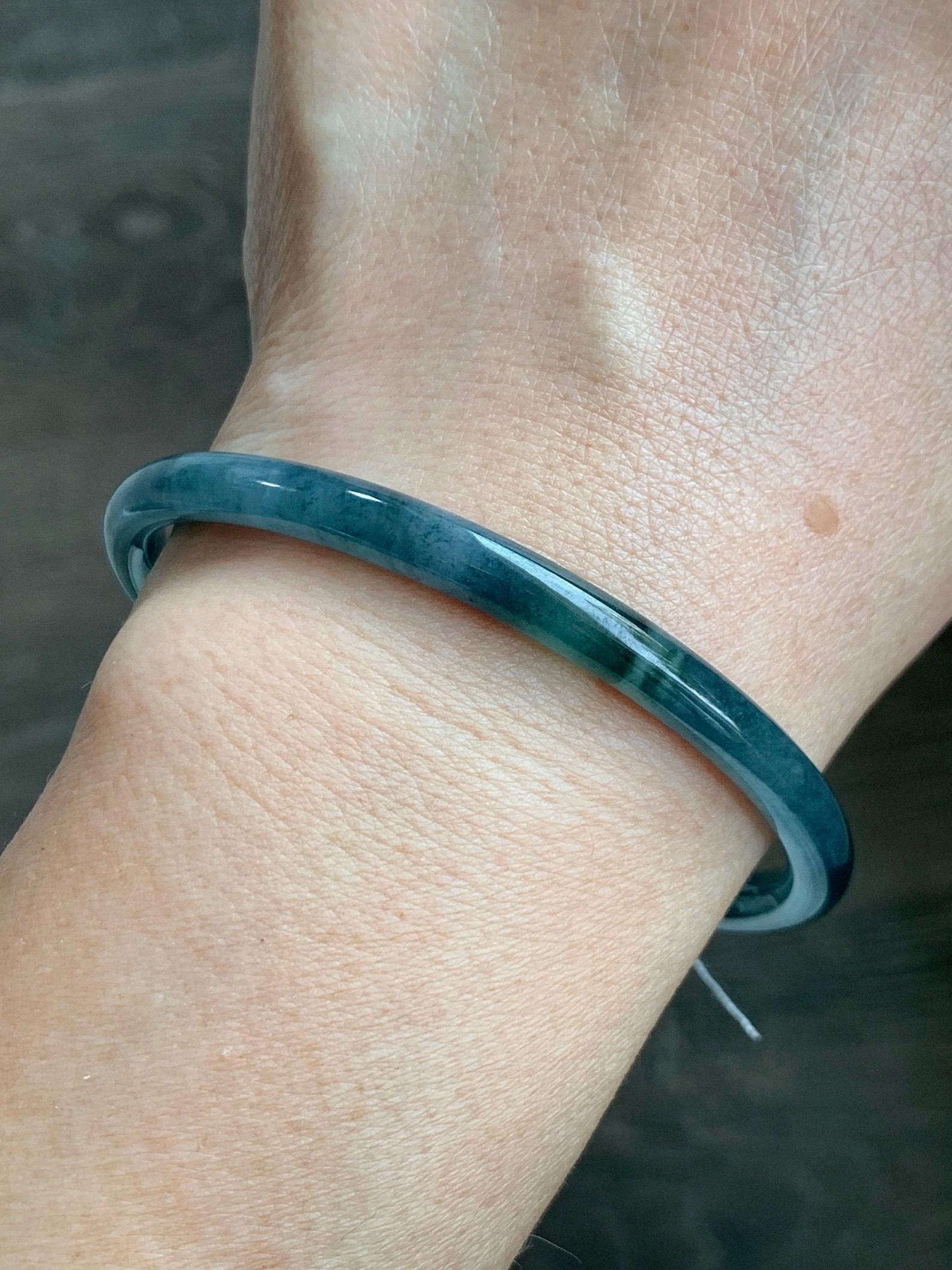 Certified Natural Grade A Guatemalan Icy Translucent Dark Teal Blue Marbled Jade Jadeite Bangle Bracelet 60mm 7.42” 15g 天然冰胶危蓝飘花翡翠细圆条手镯 072