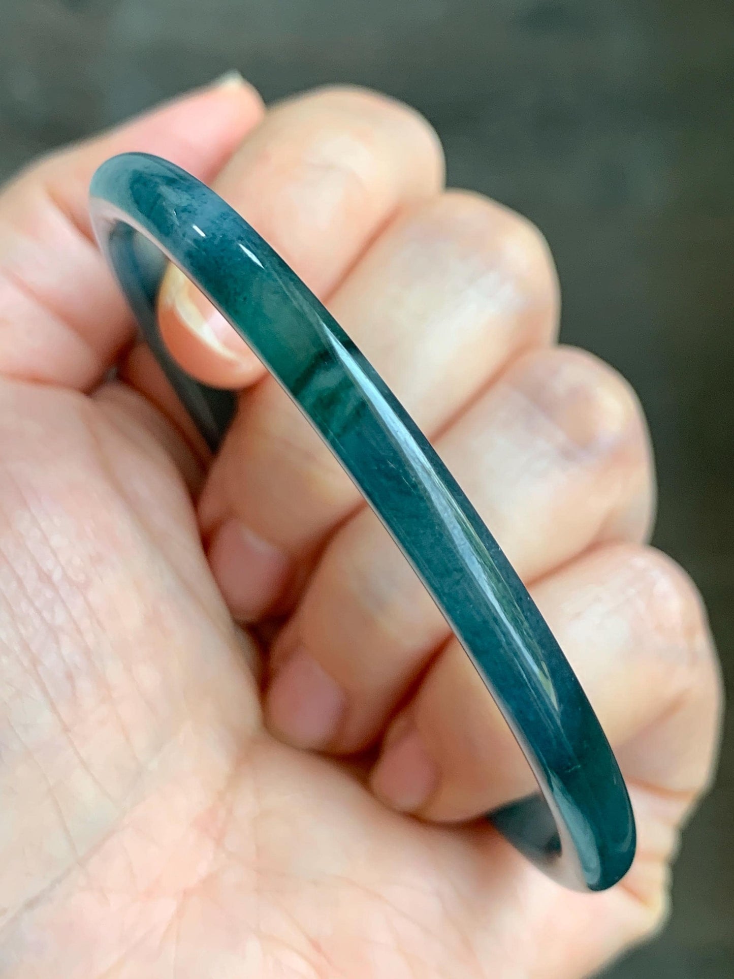 Certified Natural Grade A Guatemalan Icy Translucent Dark Teal Blue Marbled Jade Jadeite Bangle Bracelet 60mm 7.42” 15g 天然冰胶危蓝飘花翡翠细圆条手镯 072
