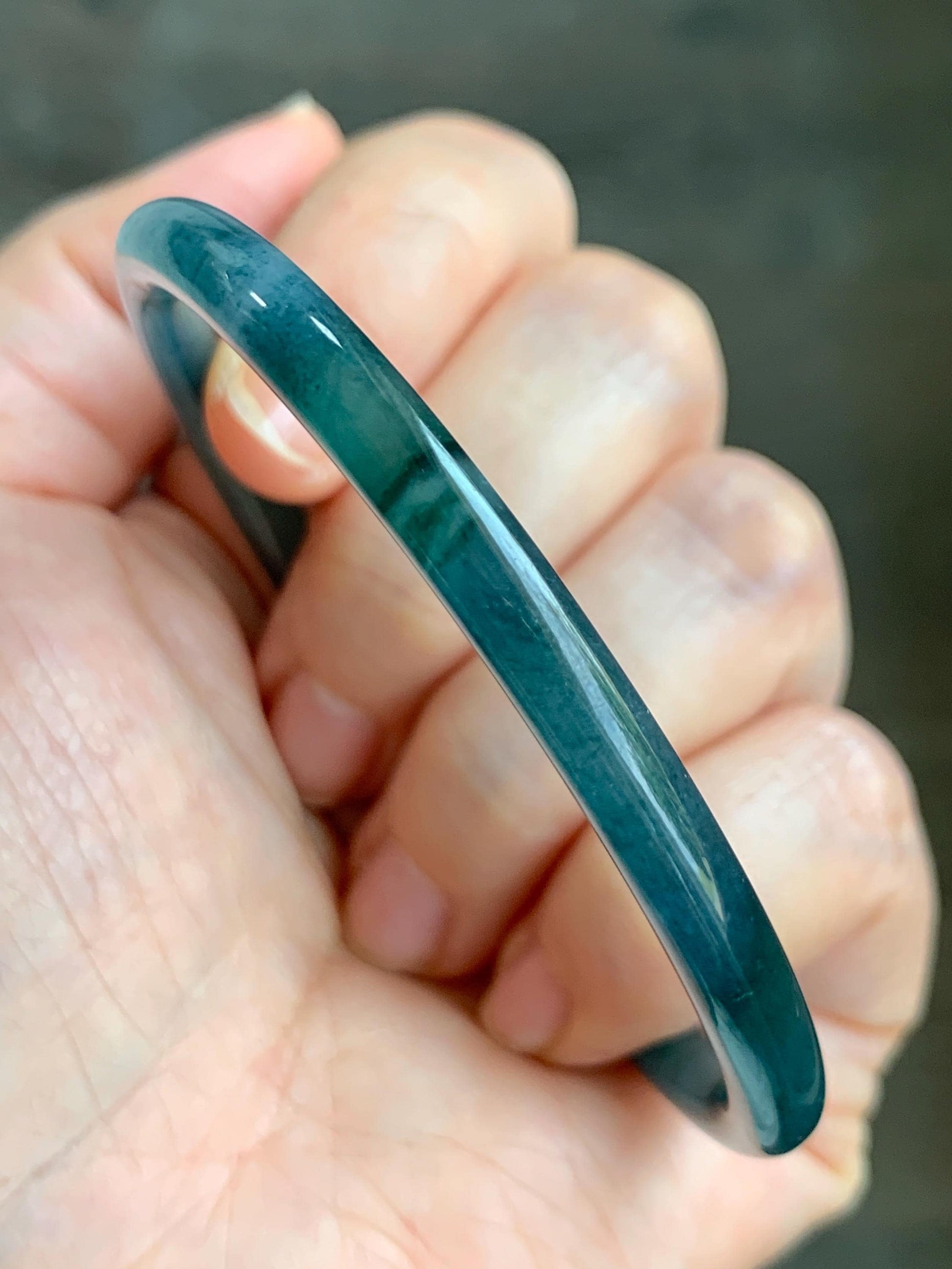 Certified Natural Grade A Guatemalan Icy Translucent Dark Teal Blue Marbled Jade Jadeite Bangle Bracelet 60mm 7.42” 15g 天然冰胶危蓝飘花翡翠细圆条手镯 072