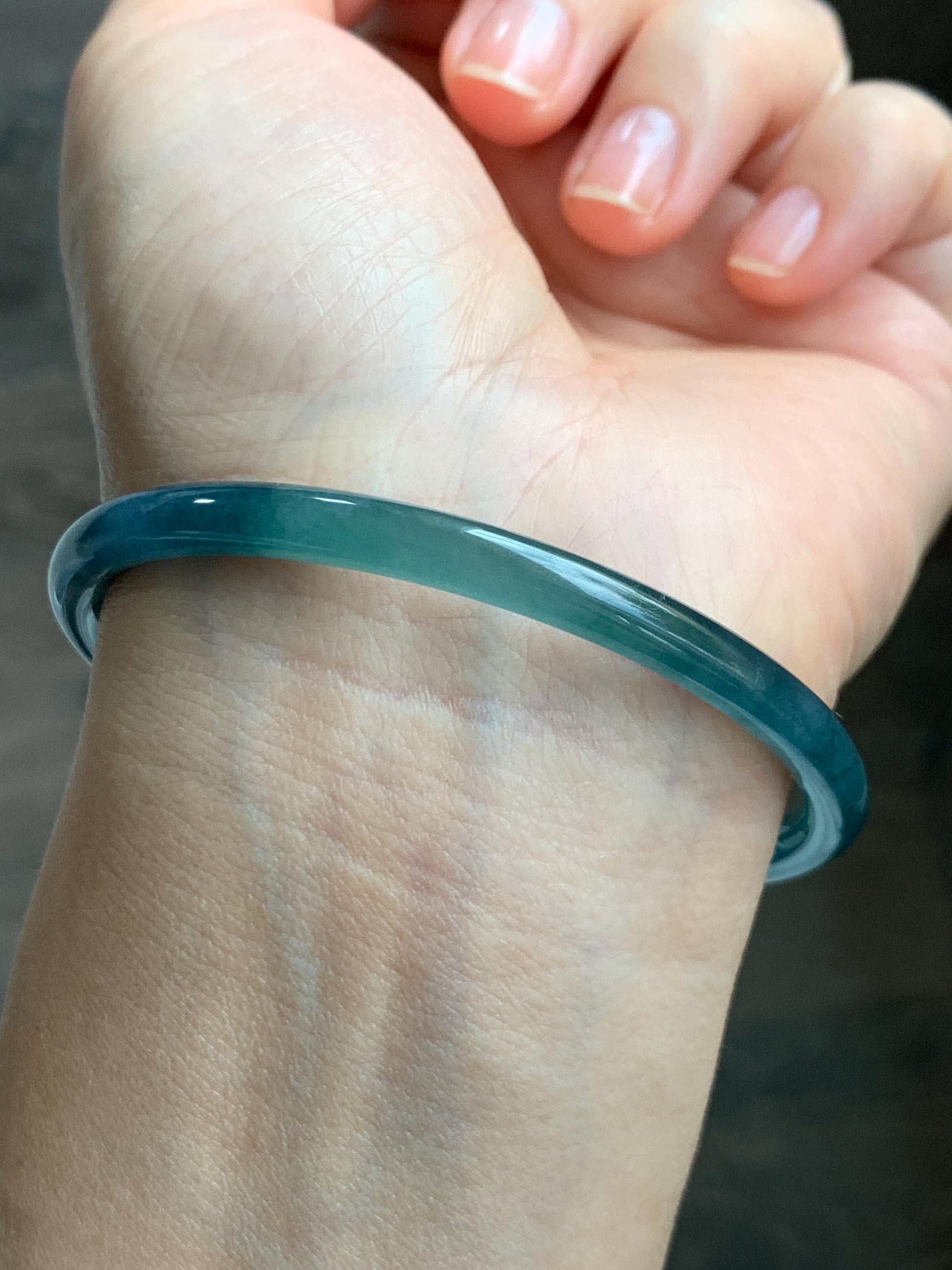 Certified Natural Grade A Guatemalan Icy Translucent Dark Teal Blue Marbled Jade Jadeite Bangle Bracelet 60mm 7.42” 15g 天然冰胶危蓝飘花翡翠细圆条手镯 072