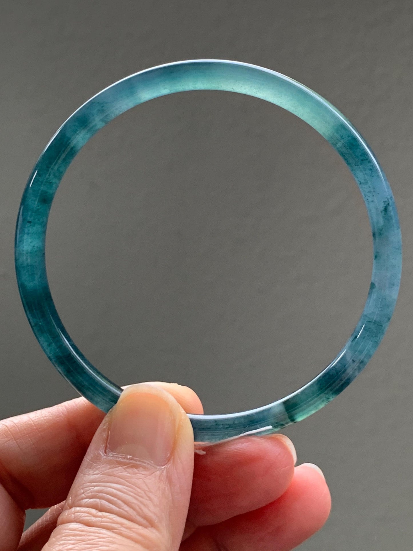 Certified Natural Grade A Guatemalan Icy Translucent Dark Teal Blue Marbled Jade Jadeite Bangle Bracelet 60mm 7.42” 15g 天然冰胶危蓝飘花翡翠细圆条手镯 072