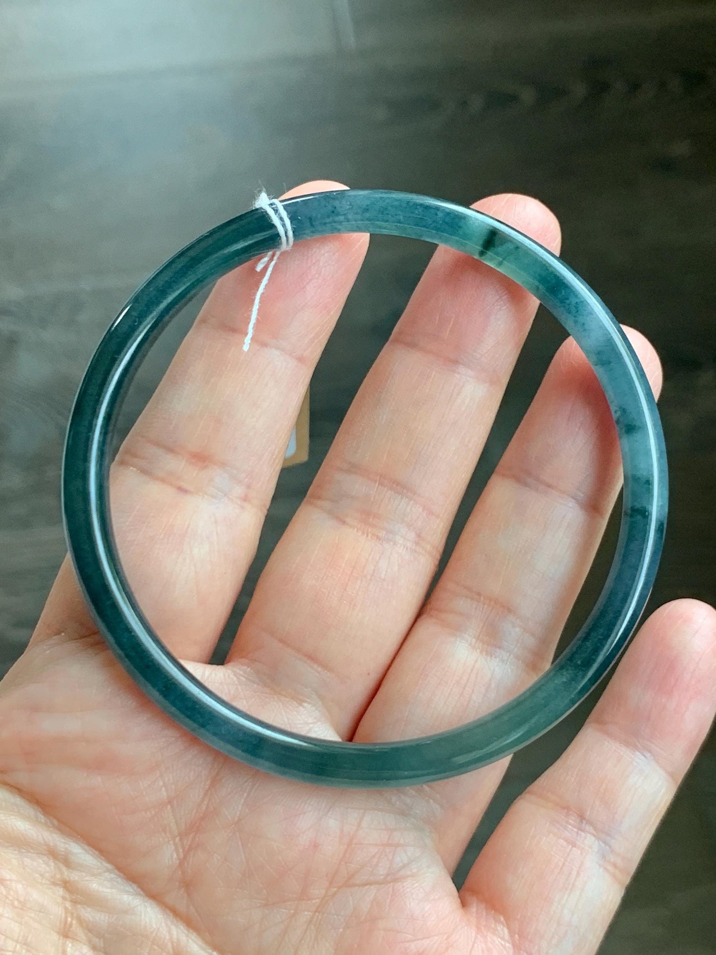 Certified Natural Grade A Guatemalan Icy Translucent Dark Teal Blue Marbled Jade Jadeite Bangle Bracelet 60mm 7.42” 15g 天然冰胶危蓝飘花翡翠细圆条手镯 072
