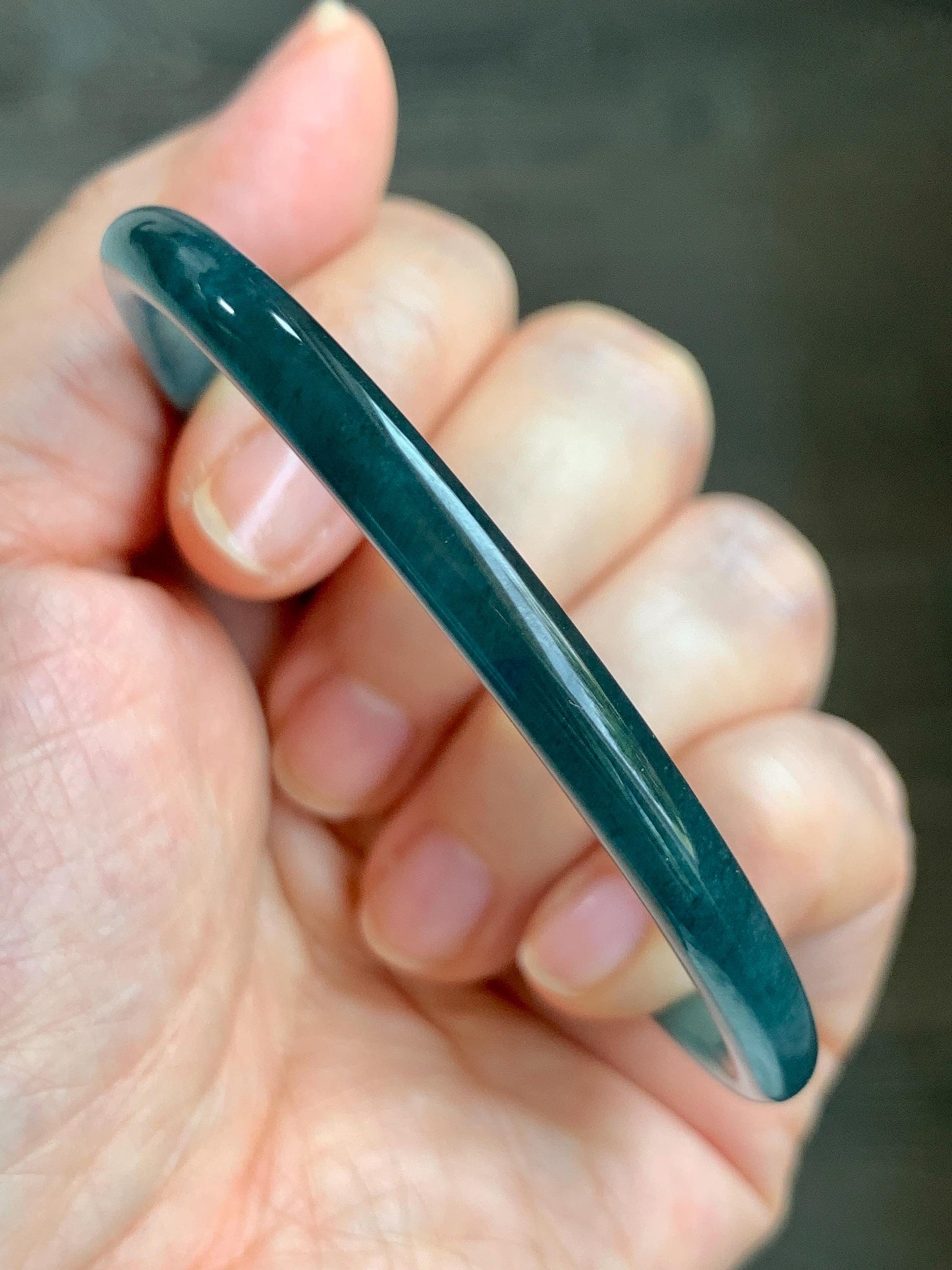 Certified Natural Grade A Guatemalan Icy Translucent Dark Teal Blue Marbled Jade Jadeite Bangle Bracelet 60mm 7.42” 15g 天然冰胶危蓝飘花翡翠细圆条手镯 072