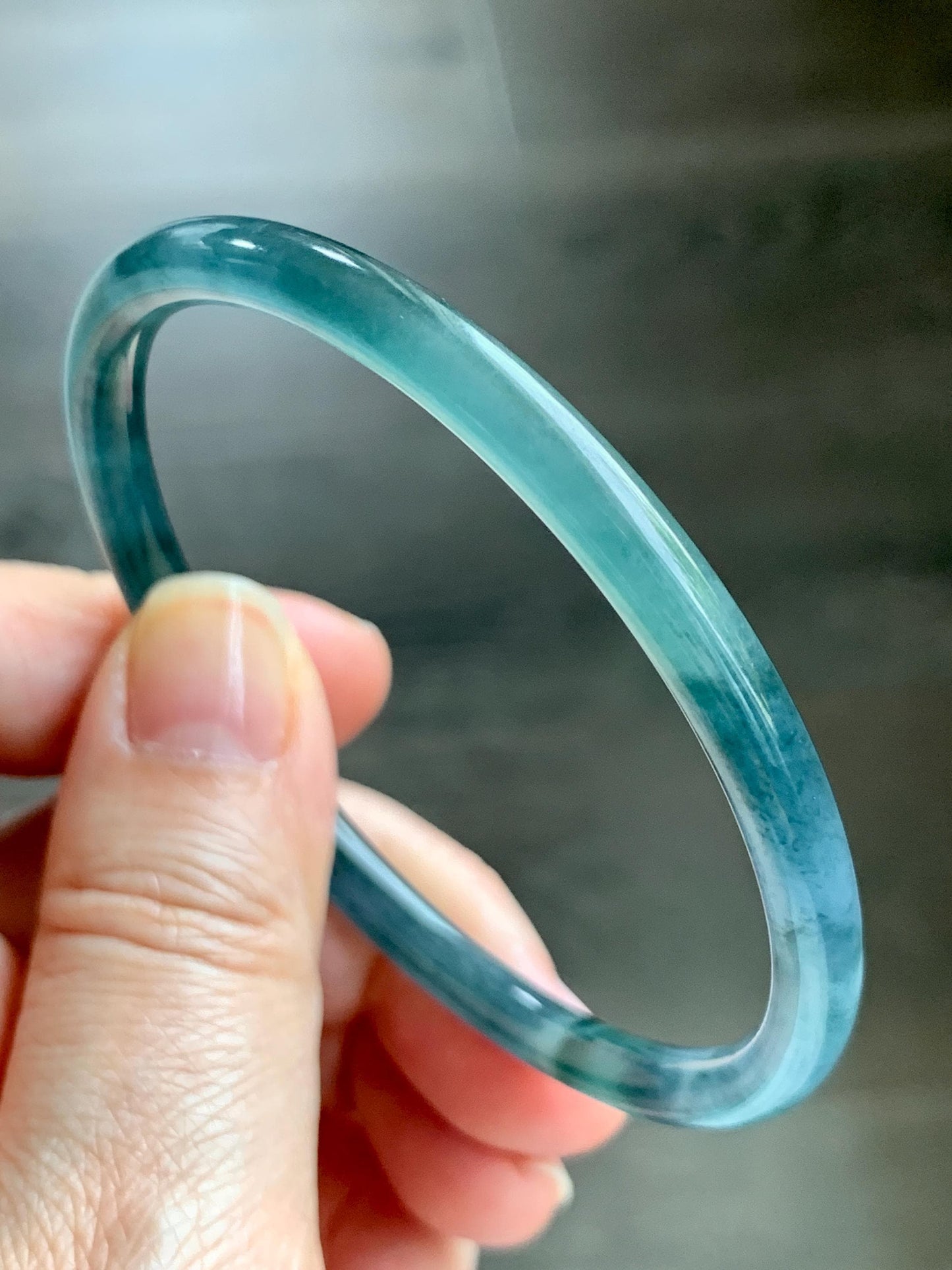 Certified Natural Grade A Guatemalan Icy Translucent Dark Teal Blue Marbled Jade Jadeite Bangle Bracelet 60mm 7.42” 15g 天然冰胶危蓝飘花翡翠细圆条手镯 072
