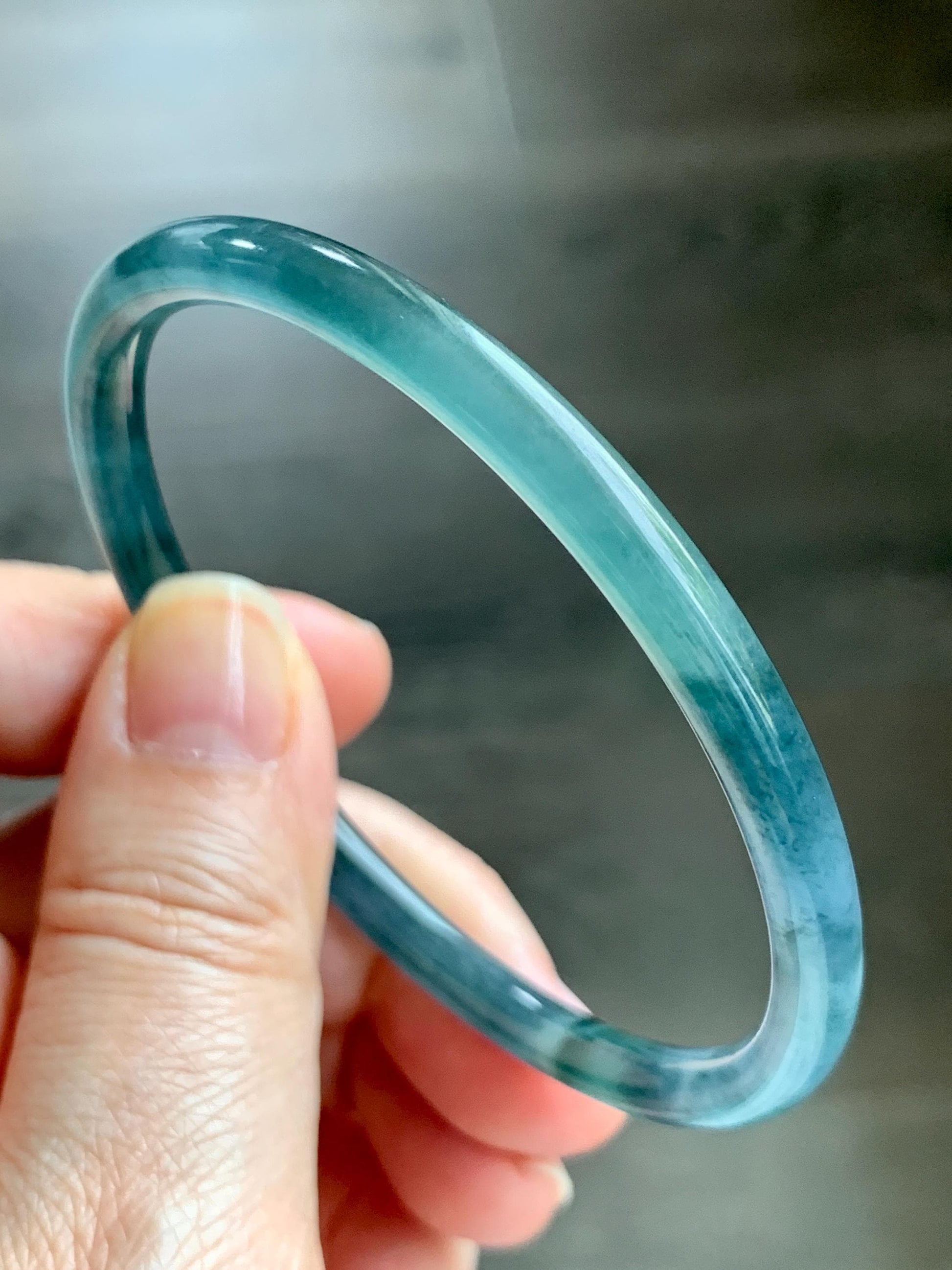 Certified Natural Grade A Guatemalan Icy Translucent Dark Teal Blue Marbled Jade Jadeite Bangle Bracelet 60mm 7.42” 15g 天然冰胶危蓝飘花翡翠细圆条手镯 072