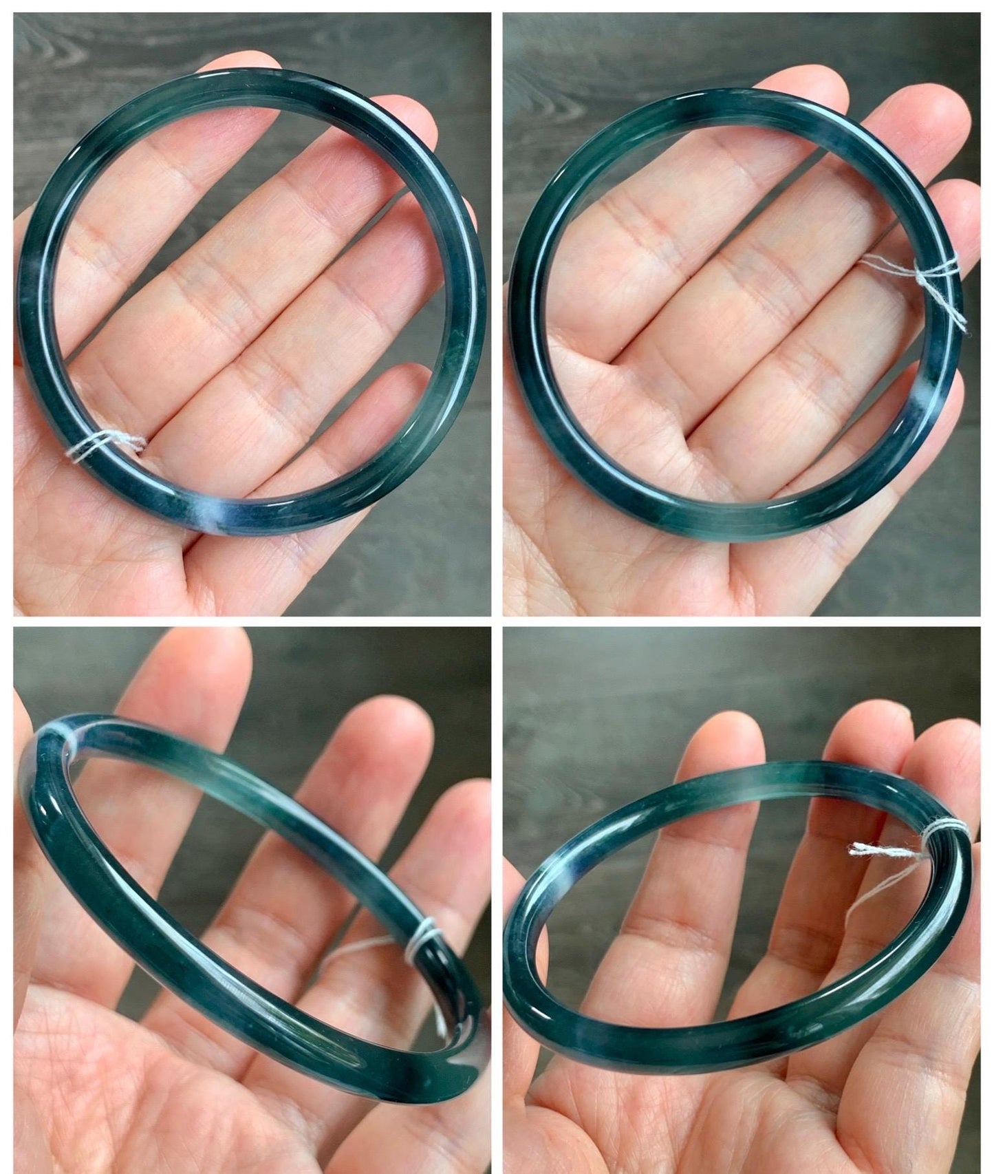 Certified Natural Grade A Guatemalan Icy Translucent Dark Teal Blue Marbled Jade Jadeite Bangle Bracelet 58.25mm 7.2” 天然冰胶危蓝飘花翡翠细圆条手镯 071
