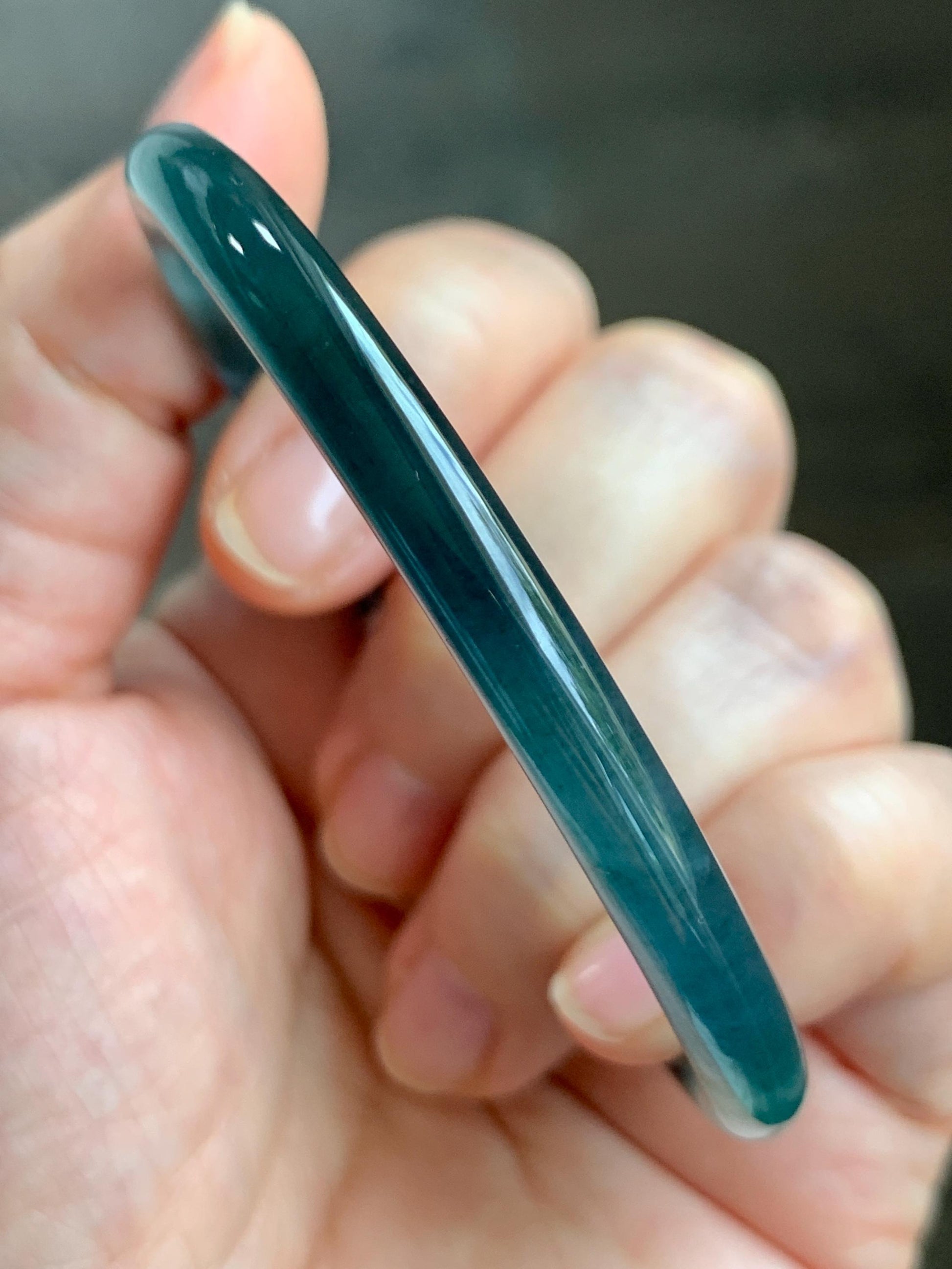 Certified Natural Grade A Guatemalan Icy Translucent Dark Teal Blue Marbled Jade Jadeite Bangle Bracelet 58.25mm 7.2” 天然冰胶危蓝飘花翡翠细圆条手镯 071
