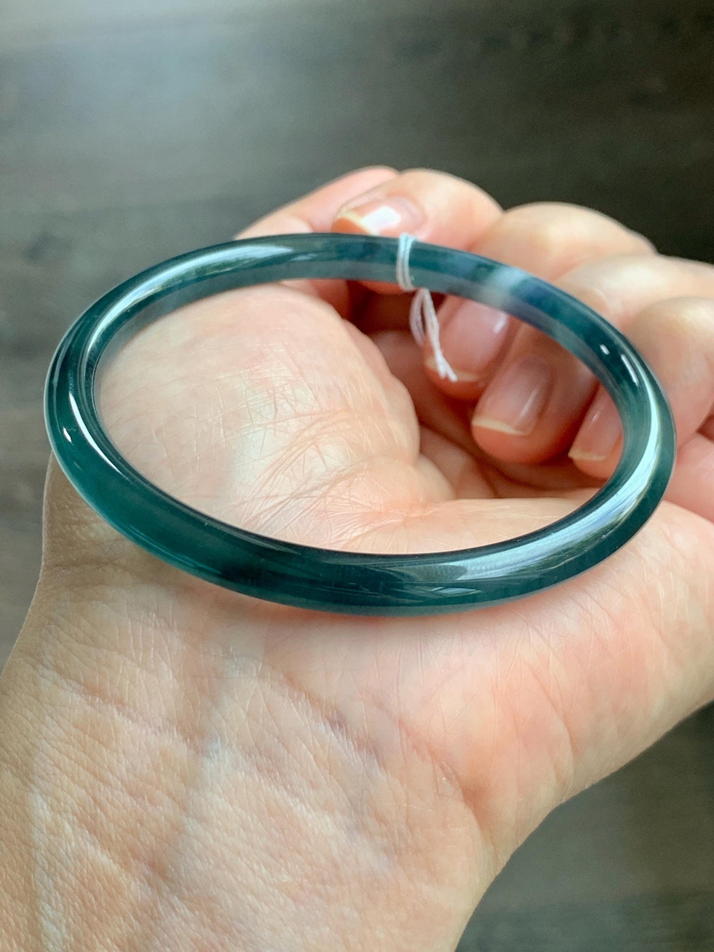Certified Natural Grade A Guatemalan Icy Translucent Dark Teal Blue Marbled Jade Jadeite Bangle Bracelet 58.25mm 7.2” 天然冰胶危蓝飘花翡翠细圆条手镯 071