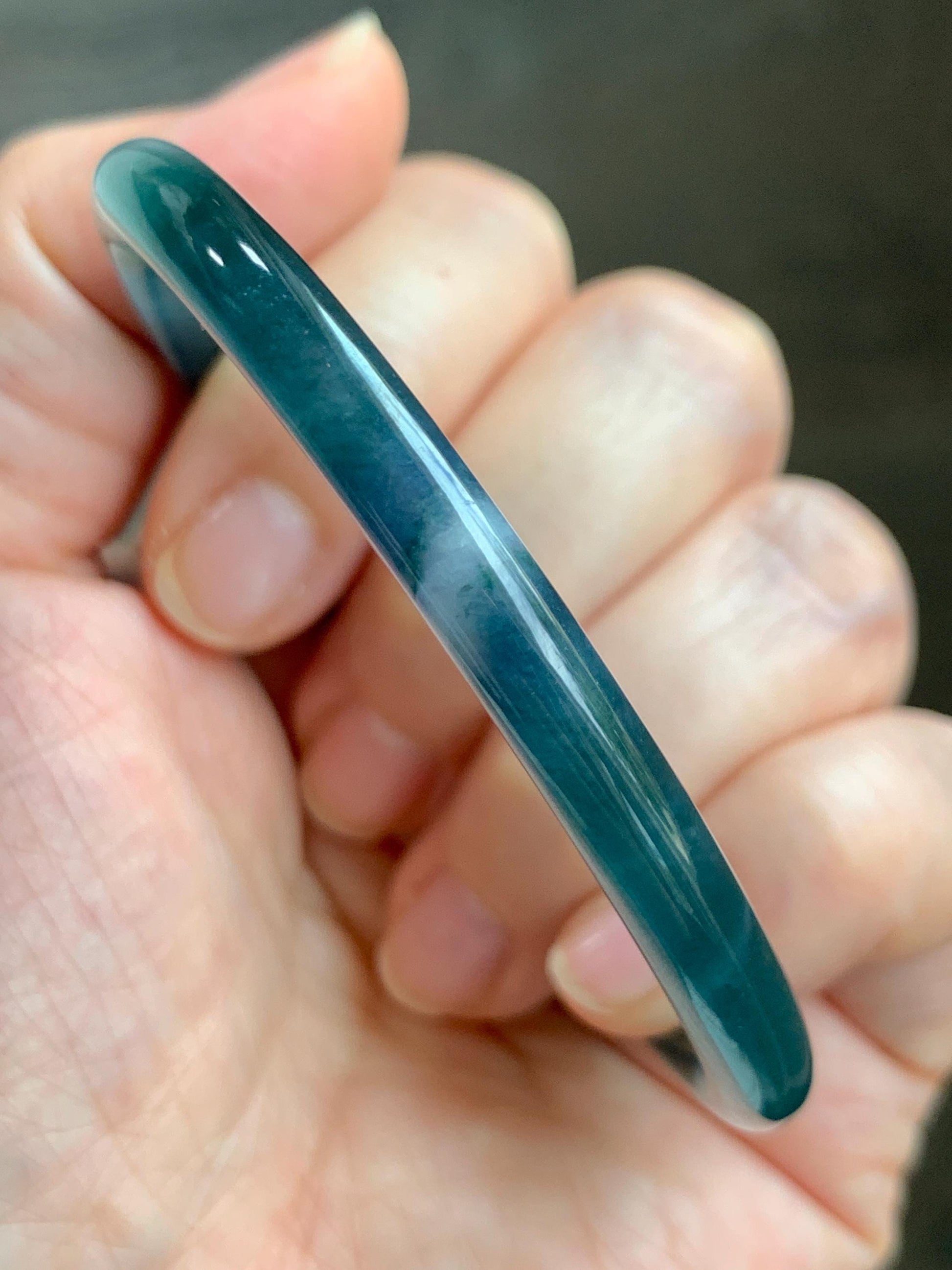 Certified Natural Grade A Guatemalan Icy Translucent Dark Teal Blue Marbled Jade Jadeite Bangle Bracelet 58.25mm 7.2” 天然冰胶危蓝飘花翡翠细圆条手镯 071
