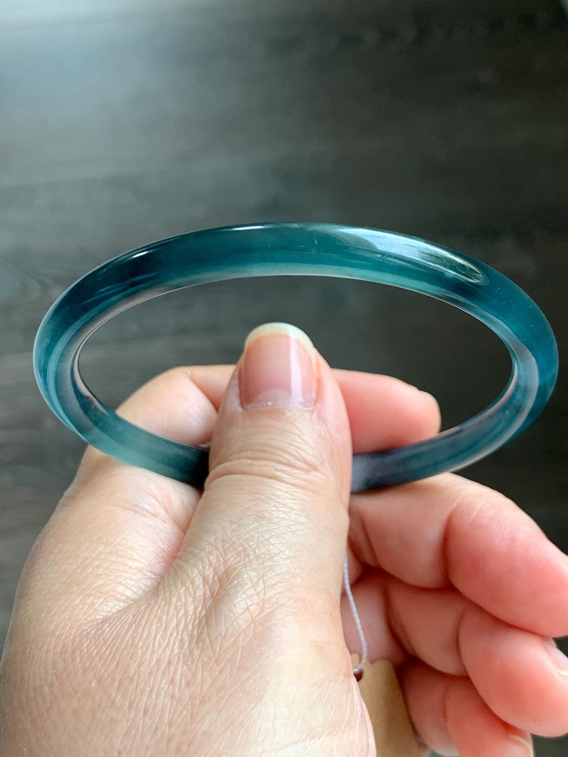 Certified Natural Grade A Guatemalan Icy Translucent Dark Teal Blue Marbled Jade Jadeite Bangle Bracelet 58.25mm 7.2” 天然冰胶危蓝飘花翡翠细圆条手镯 071