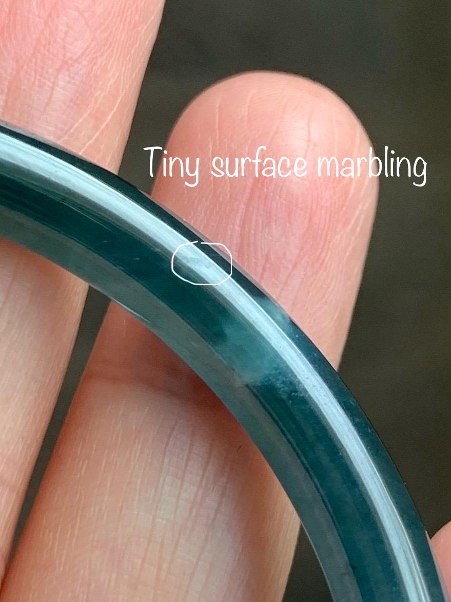 Certified Natural Grade A Guatemalan Icy Translucent Dark Teal Blue Marbled Jade Jadeite Bangle Bracelet 56.28mm 6.95” 天然冰胶危蓝飘花翡翠细圆条手镯 070