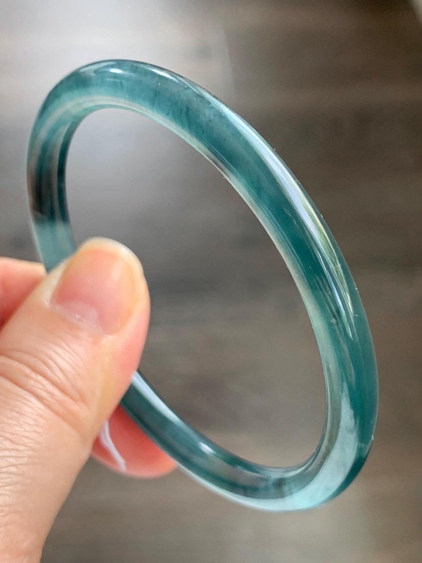 Certified Natural Grade A Guatemalan Icy Translucent Dark Teal Blue Marbled Jade Jadeite Bangle Bracelet 56.28mm 6.95” 天然冰胶危蓝飘花翡翠细圆条手镯 070