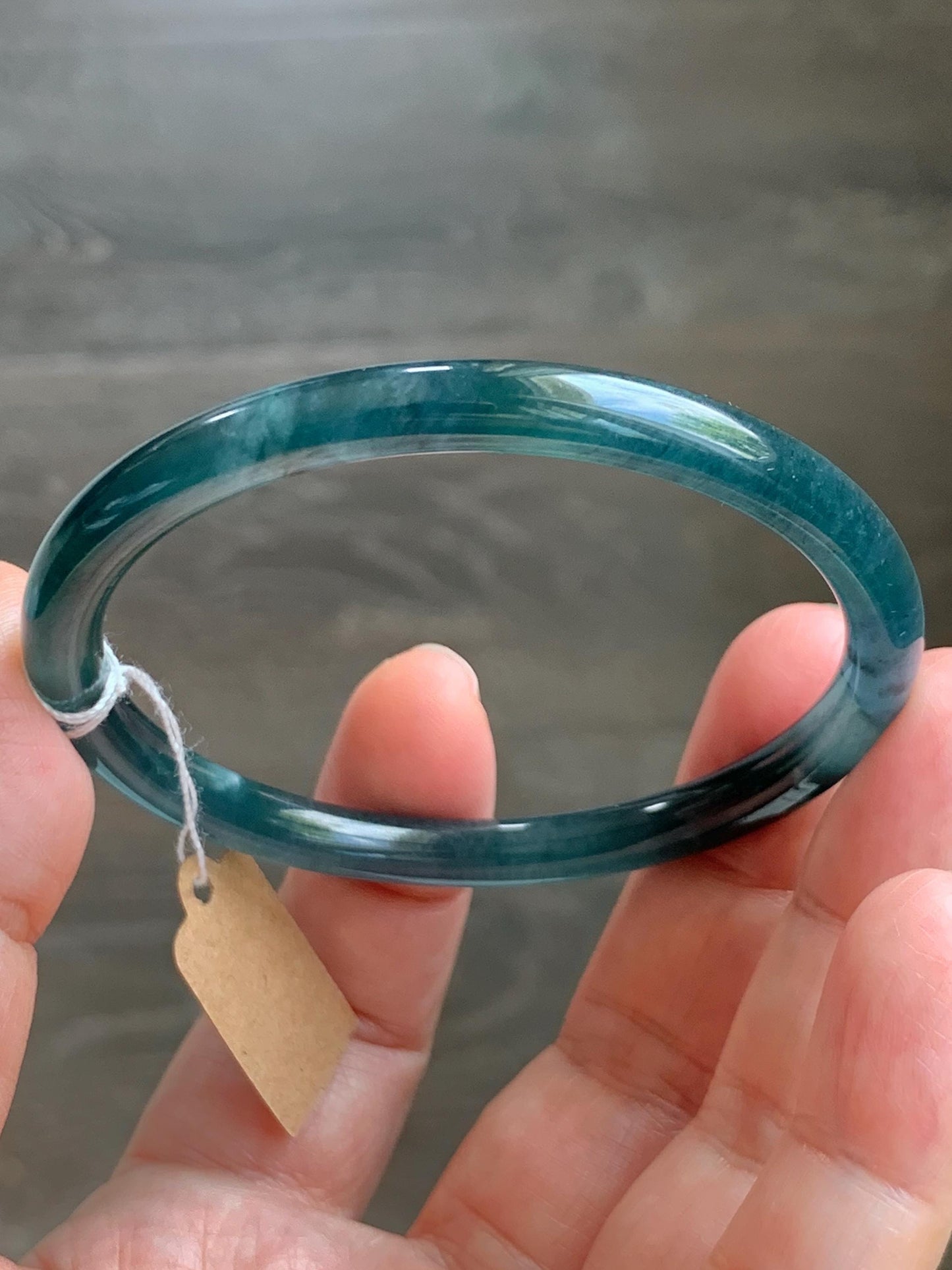 Certified Natural Grade A Guatemalan Icy Translucent Dark Teal Blue Marbled Jade Jadeite Bangle Bracelet 56.28mm 6.95” 天然冰胶危蓝飘花翡翠细圆条手镯 070